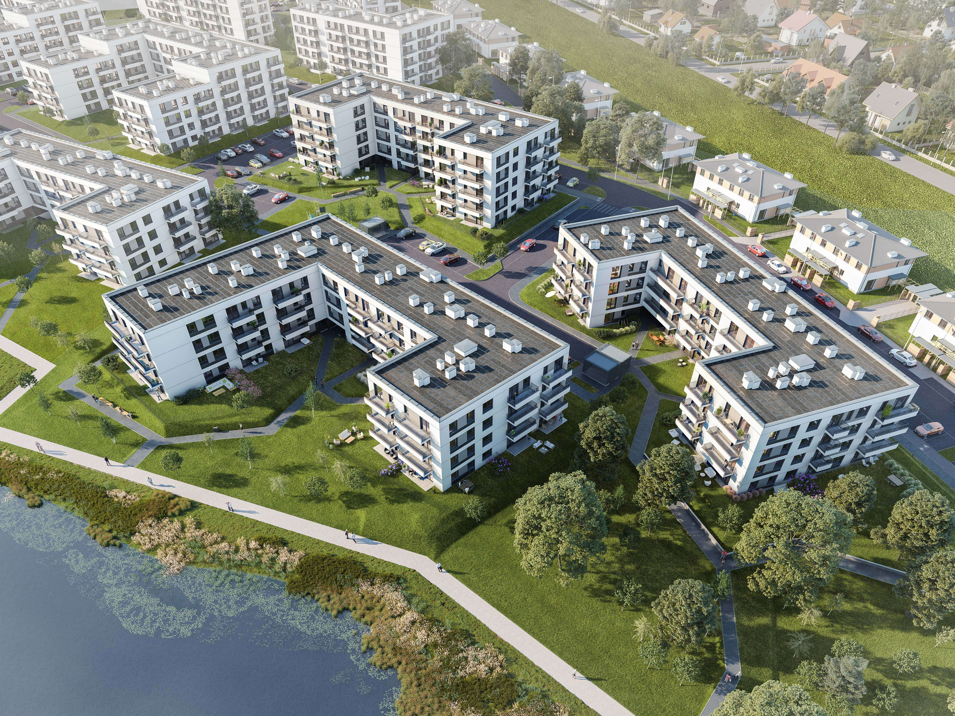 Ujecie z lotu ptaka przedstawiające w centrum dwa budynki - wizualizacja 3D dla Unidevelopment S.A.