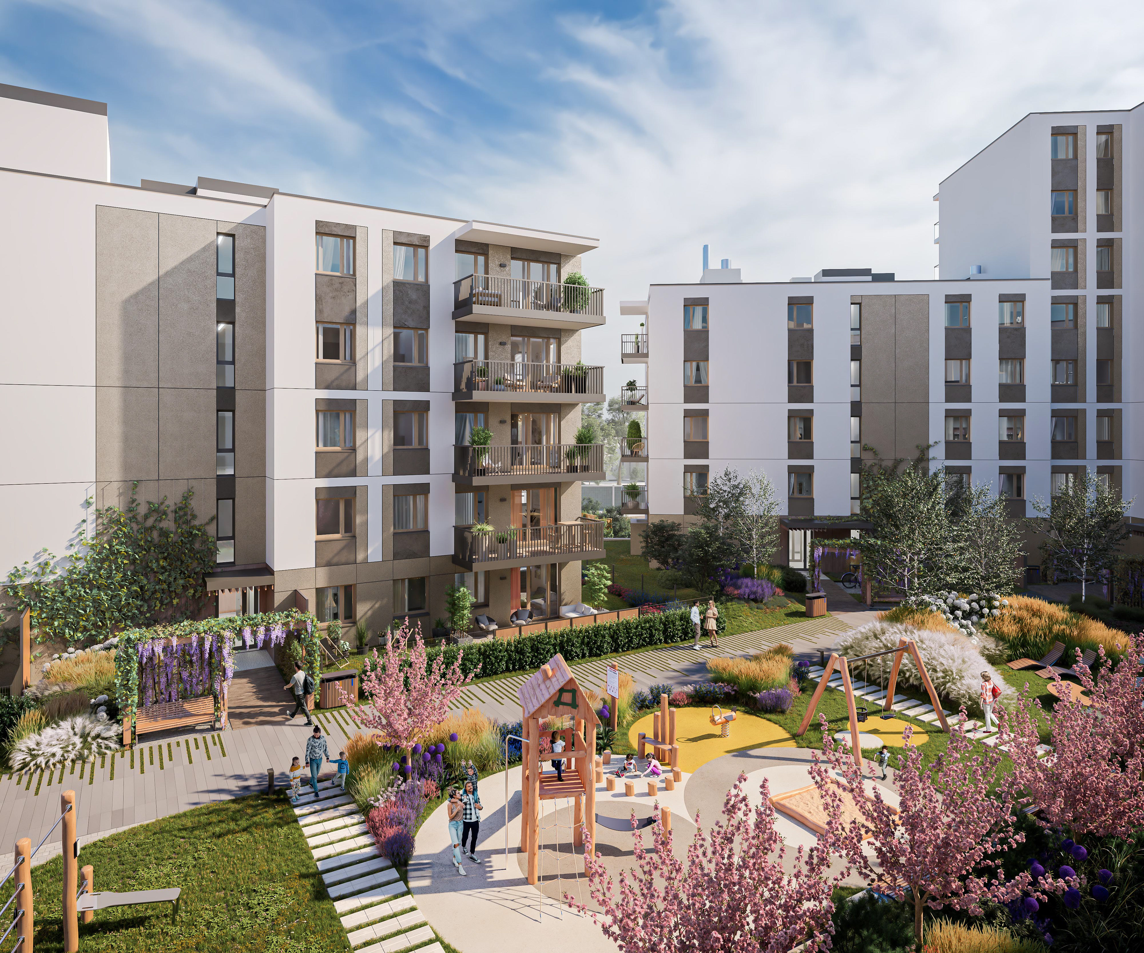 Widok na zagospodarowanie placu zabaw i zieleni na Osiedlu Prystora w Warszawie - wizualizacja 3D