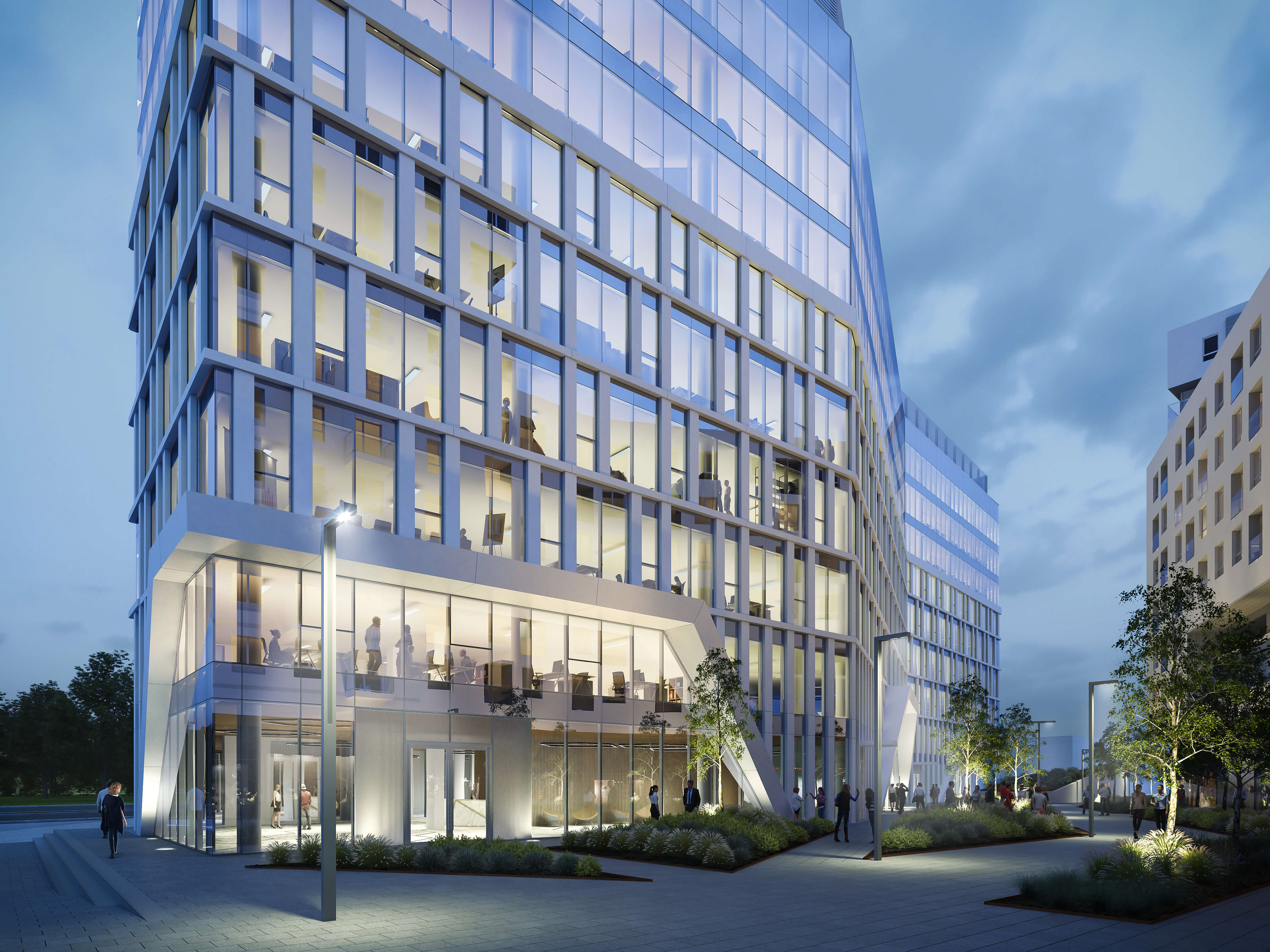 Wizualizacja zewnętrzna biurowca przy ul. Kaczorowskiego w Białymstoku - wieczór – projekt architektoniczny Maciej Kuryłowicz Architekci