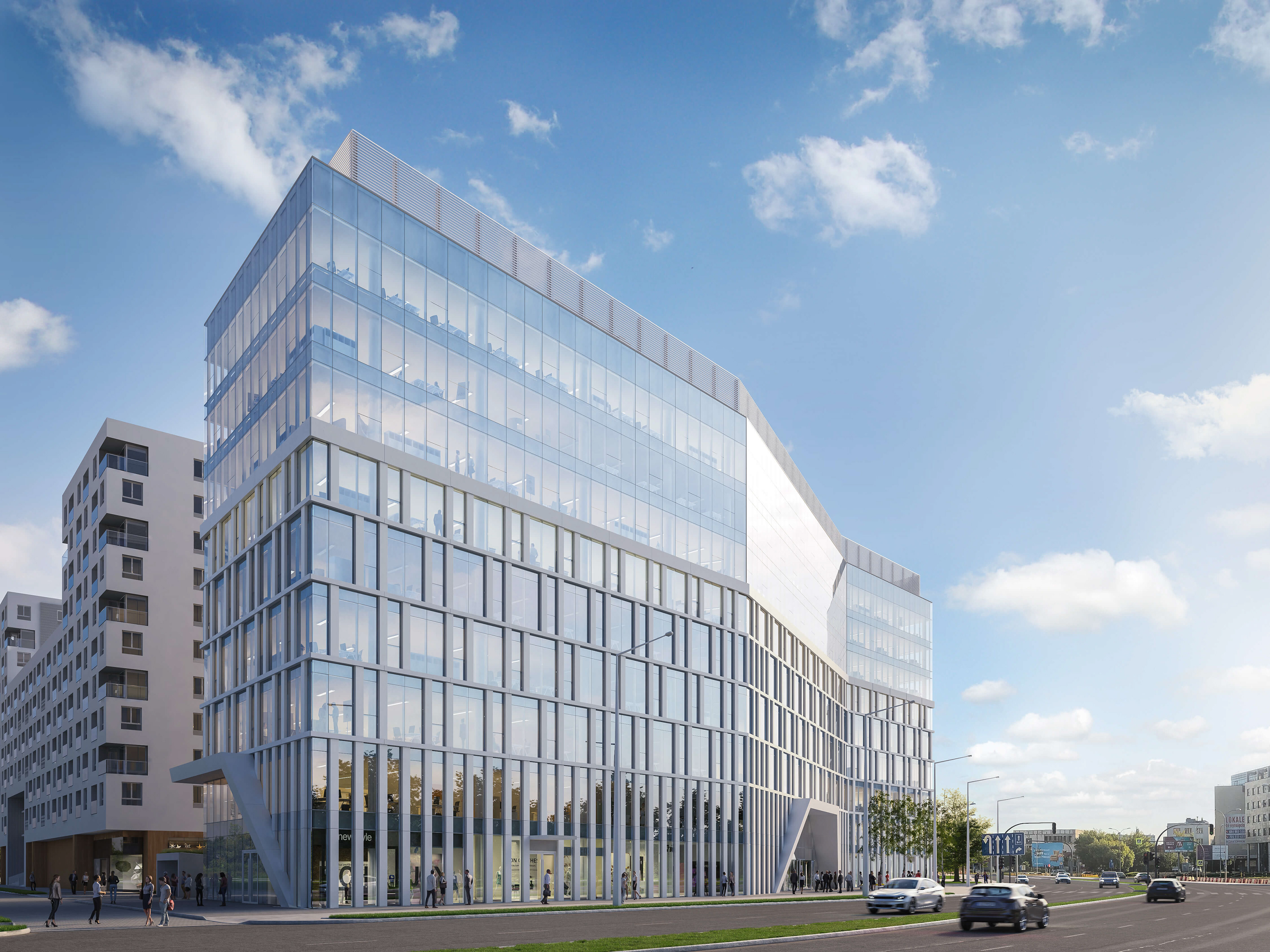 Wizualizacja zewnętrzna biurowca przy ul. Kaczorowskiego w Białymstoku - dzień – projekt architektoniczny Maciej Kuryłowicz Architekci