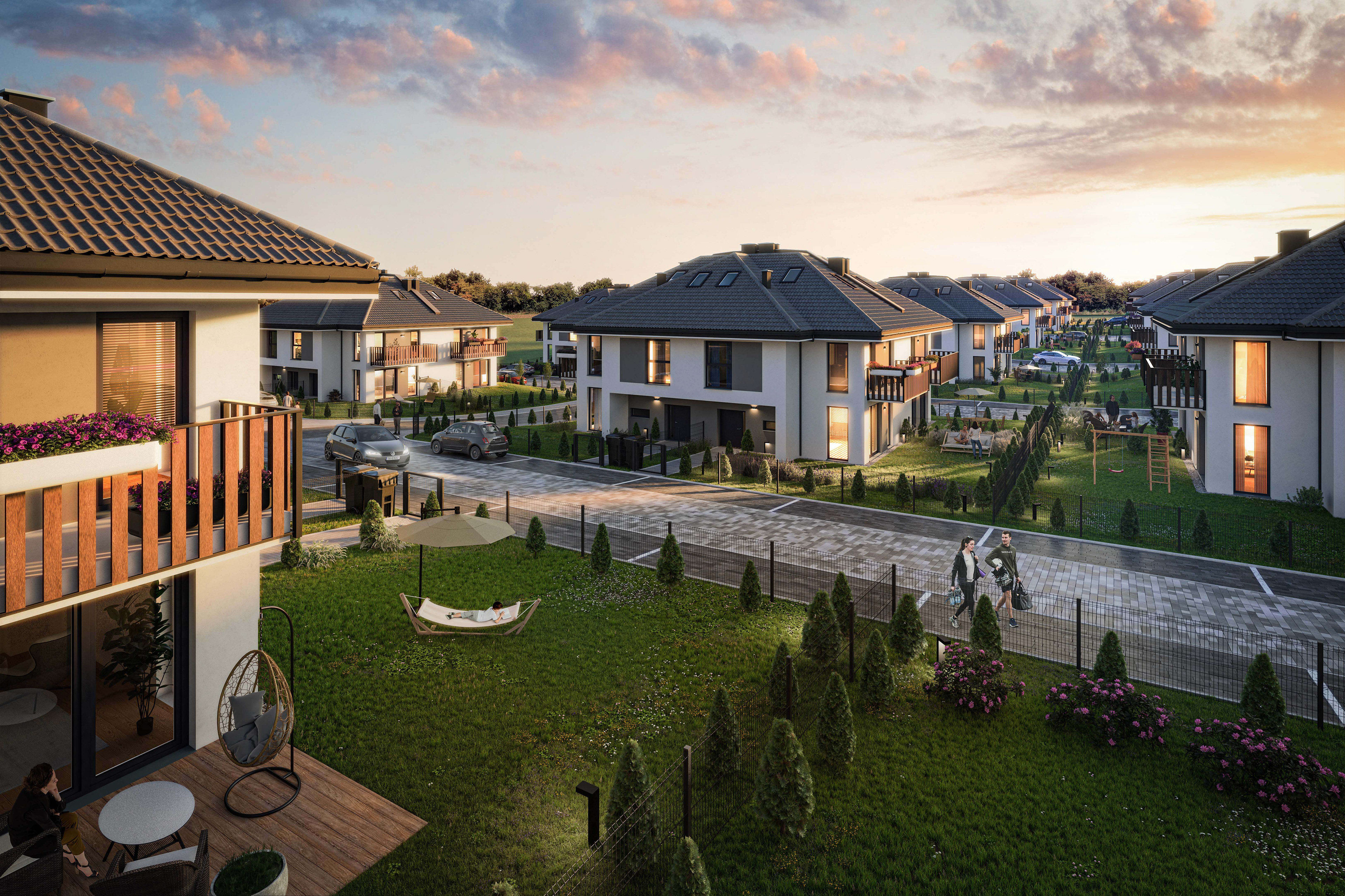 Architektura wielorodzinna Pyskowice 3 - rendering 3D wykonany przez studio wizualizacji dla dewelopera DOM100.eu w klimacie zmierchu