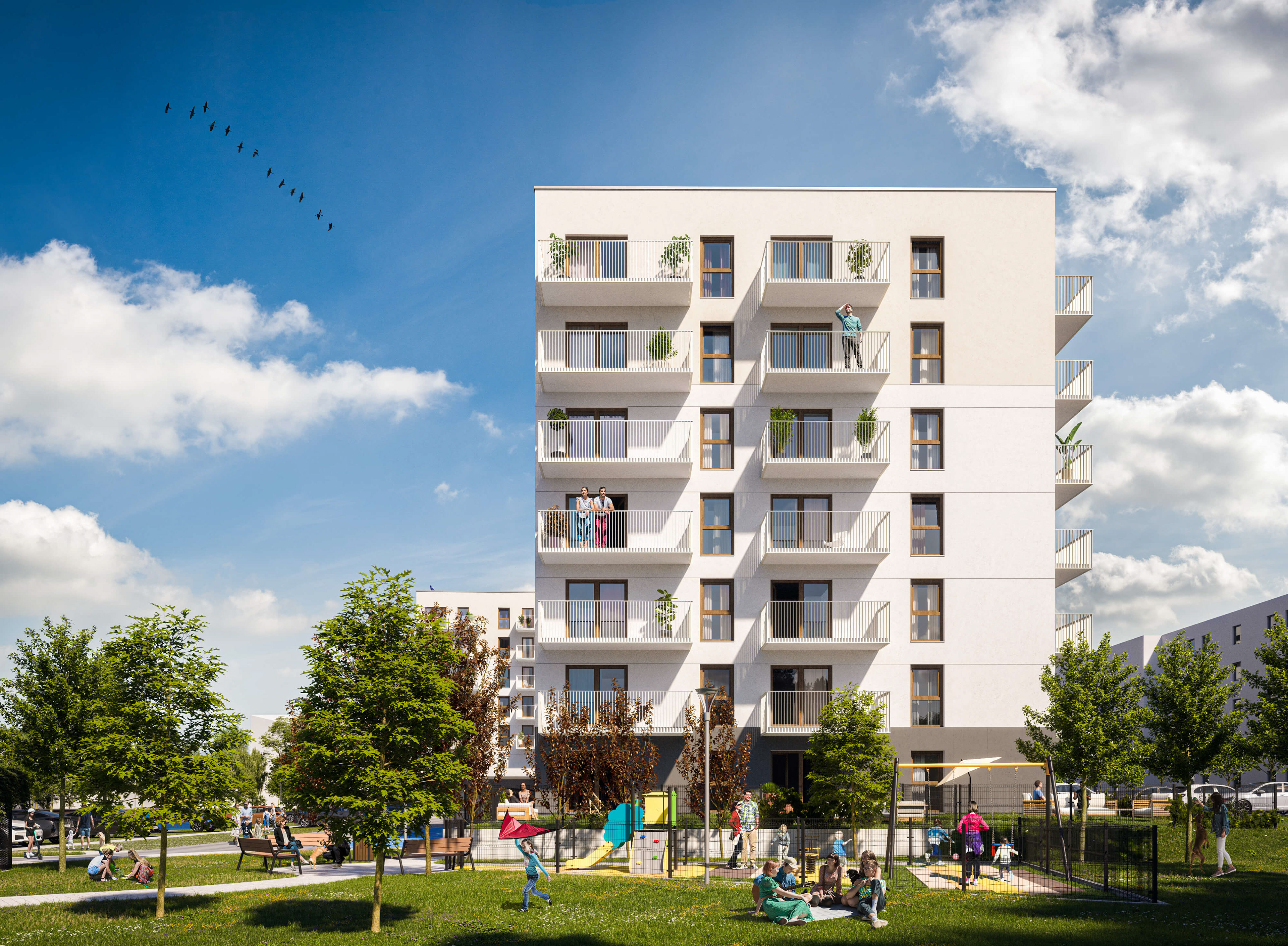 Osiedle Tkacka, Sulechów, wizualizacja 3D dla Agrobex - ujęcie na budynek i plac zabaw - front