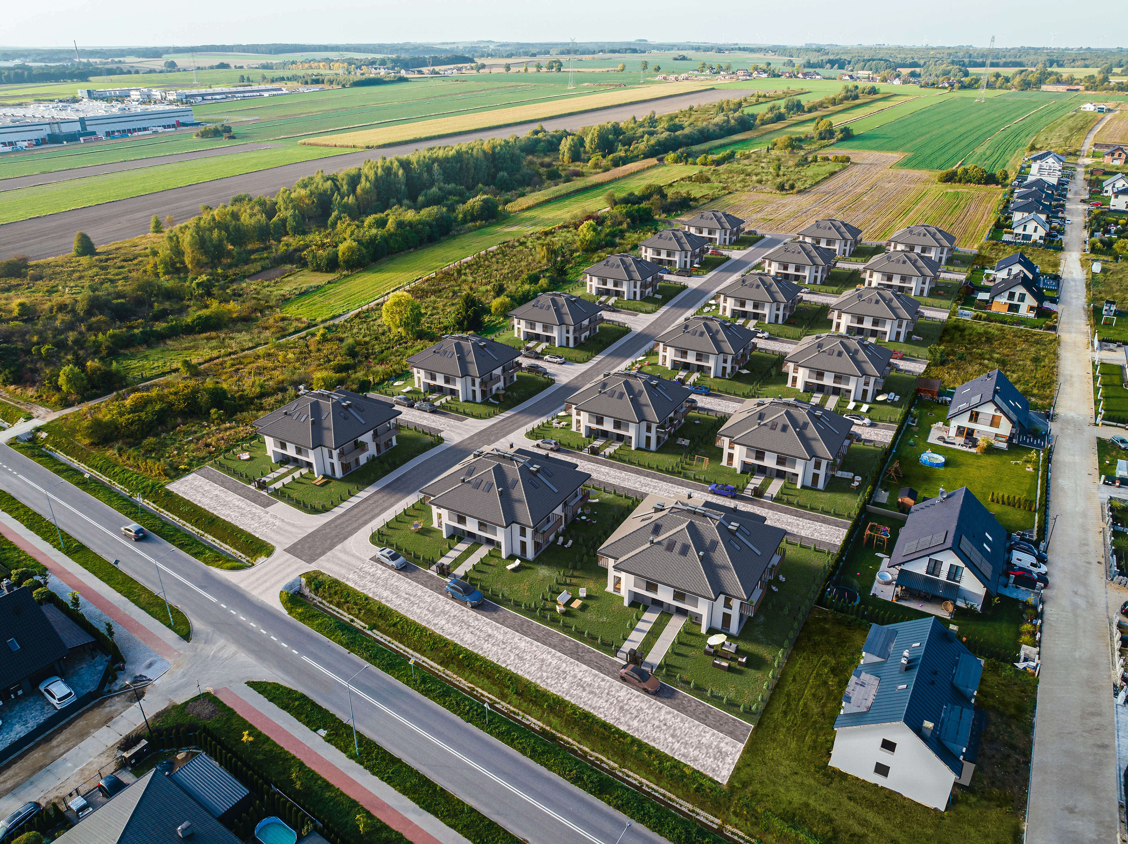 Kompleksowa wizualizacja 3D osiedla Pyskowice 3 dla dewelopera DOM100.eu - widok z lotu ptaka