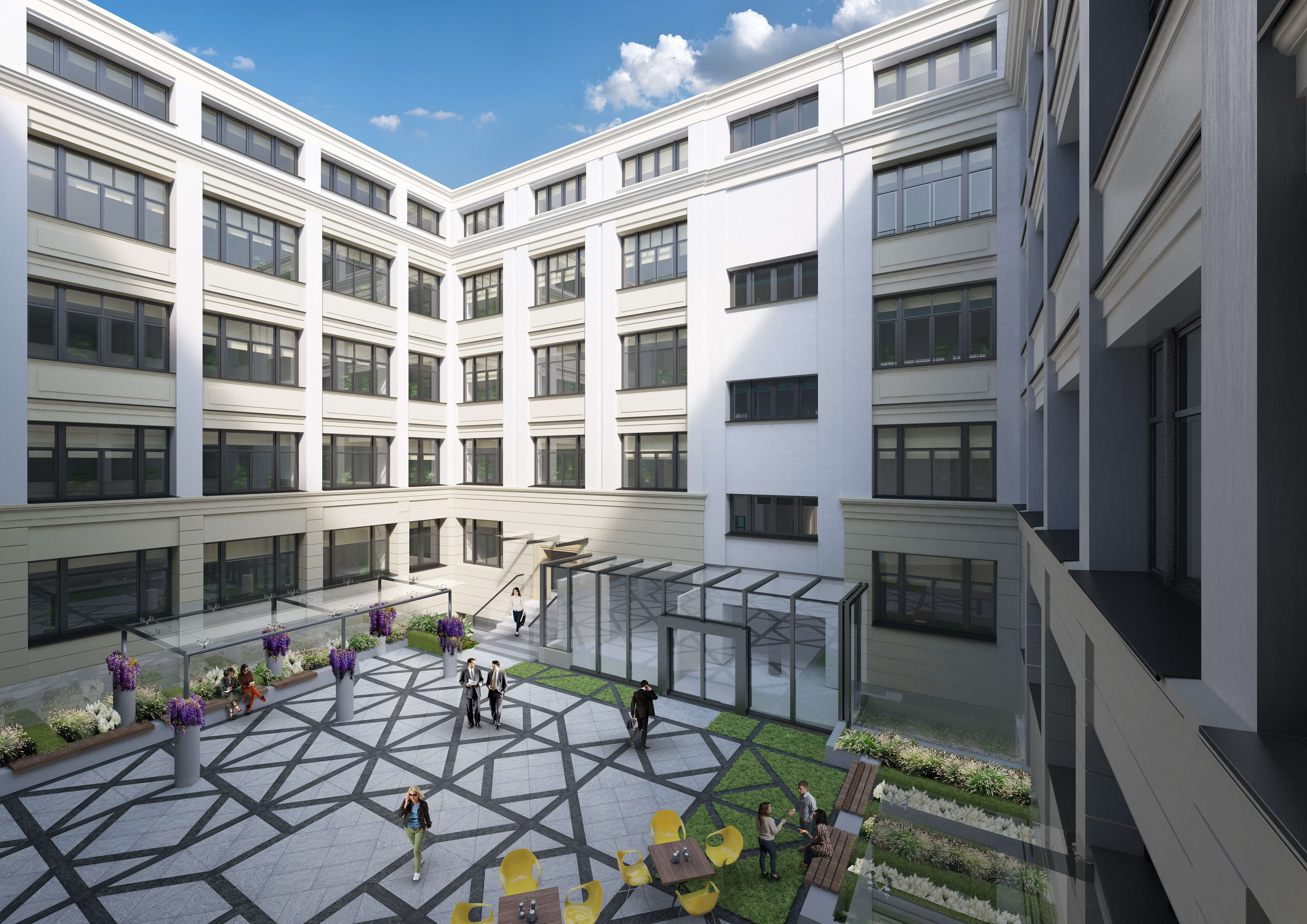 Modernizacja budynków przy ulicy Dzielna 60 Warszawa, wykonana przez Ochnik Development, ujęcie dzienne z zewnątrz, wizualizacja 3D dziedzińca