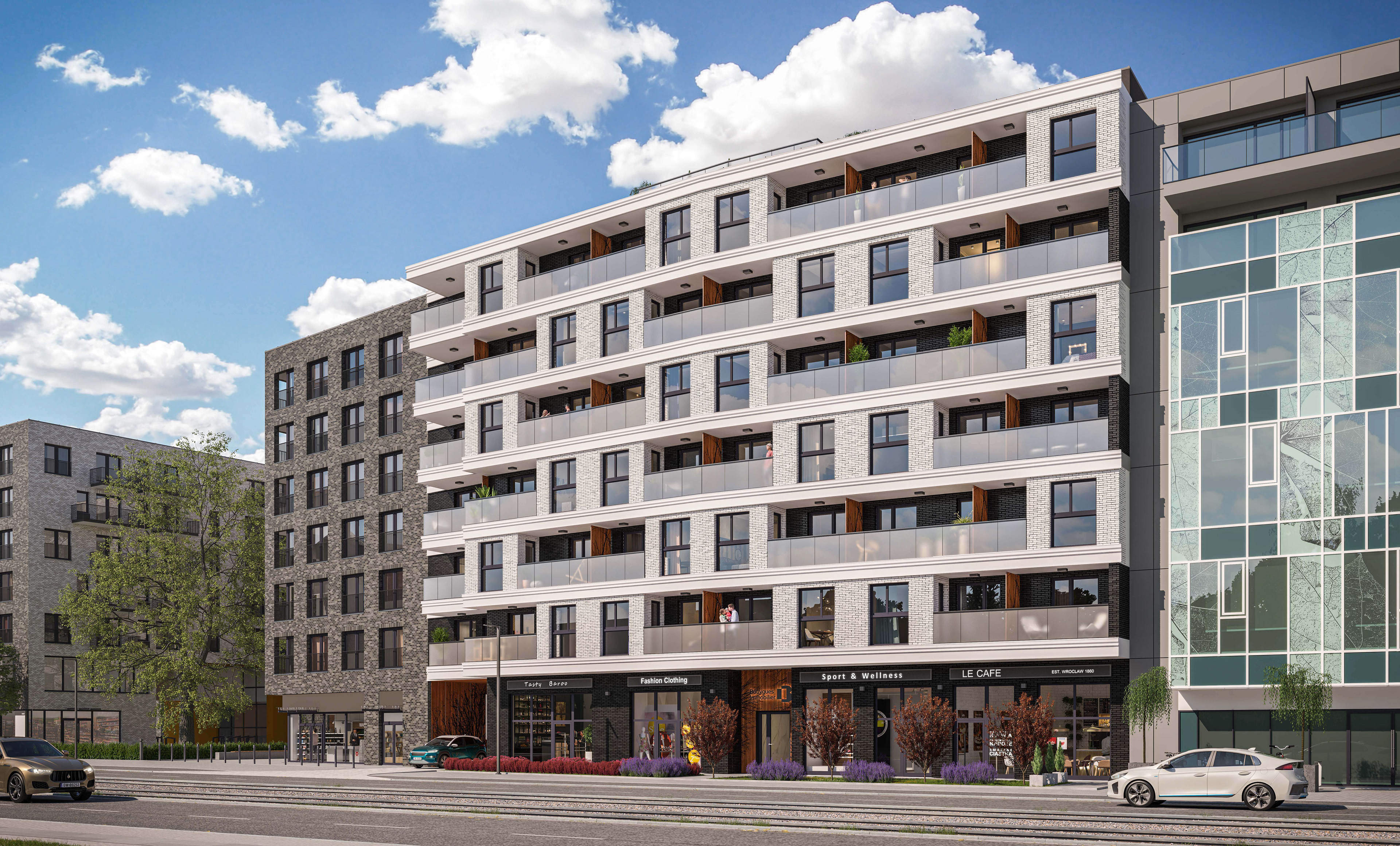 Kadr od strony ulicy na apartamentowiec Sienkiewicza Residence Wrocław - wizualizacja 3D dla dewelopera Bouygues Immobilier Polska Sp. z o.o.