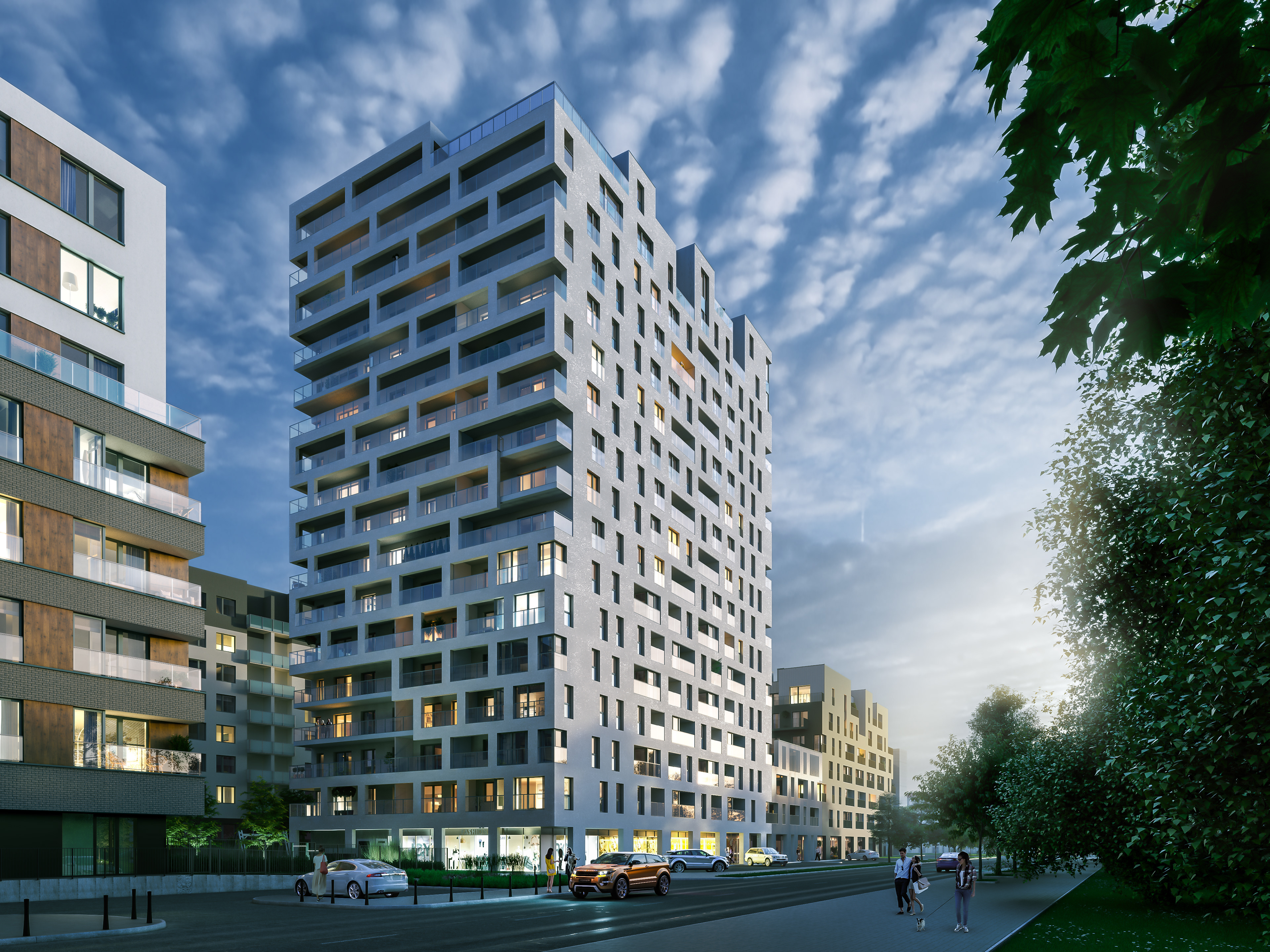 Wizualizacja 3D osiedla Siedmiogrodzka 3 Warszawa dla dewelopera Marvipol Development – widok na dwa apartamentowce od strony ulicy