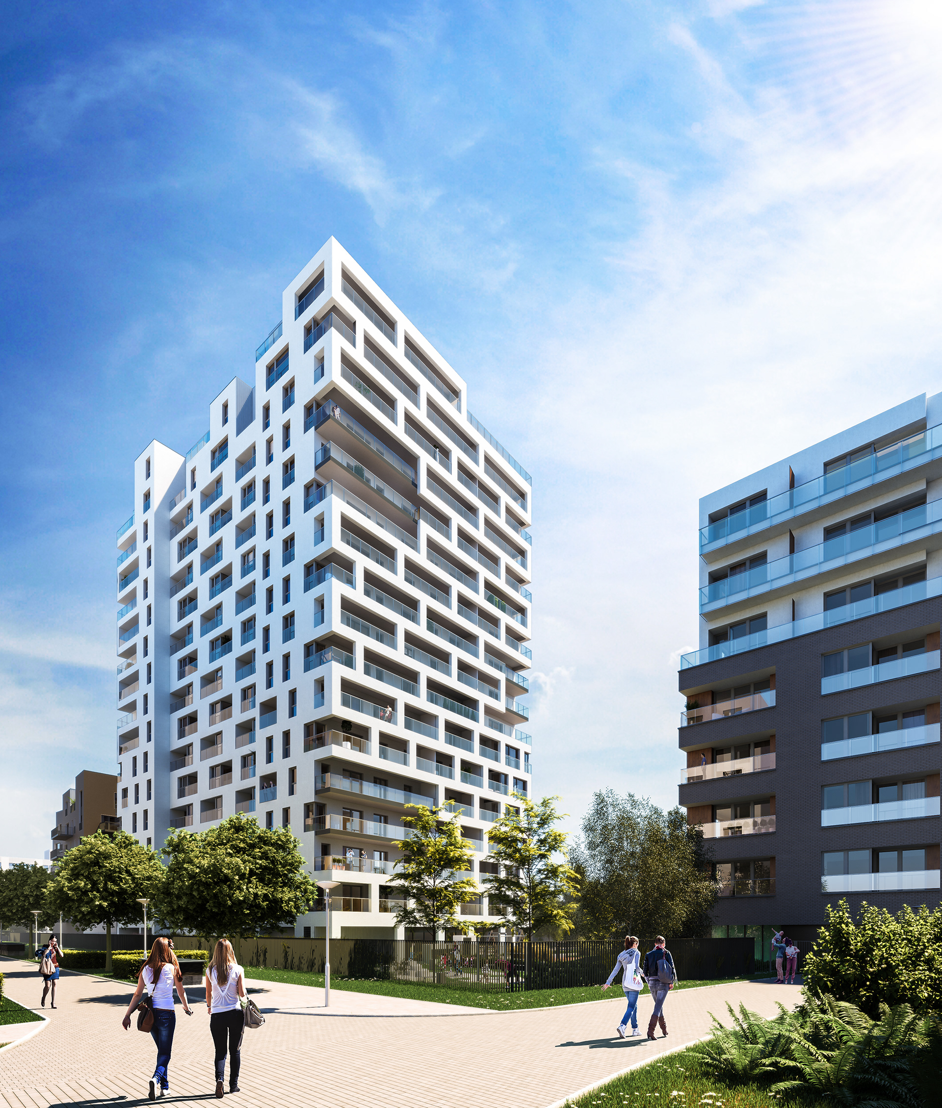 W Apartments Siedmiogrodzka 3 Warszawa – nowoczesna architektura budynków mieszkalnych i zagospodarowanie terenu. Render wykonany dla dewelopera Marvipol Development