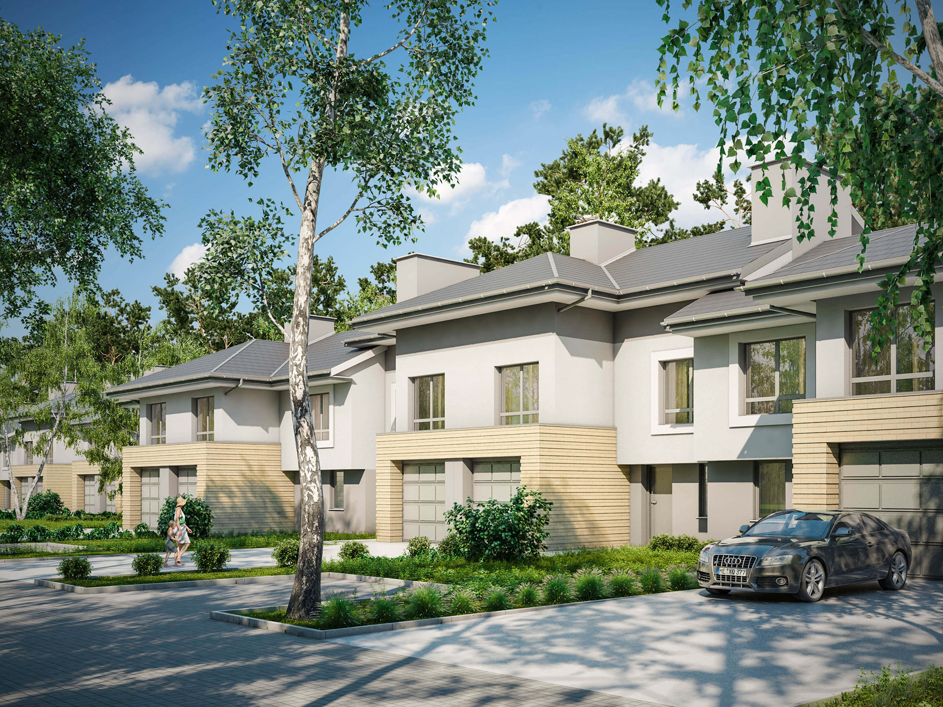 Wizualizacja 3D nowoczesnego osiedla domów w zabudowie bliźniaczej Triton Country w Nadarzynie – fotorealistyczny render architektury w otoczeniu zieleni