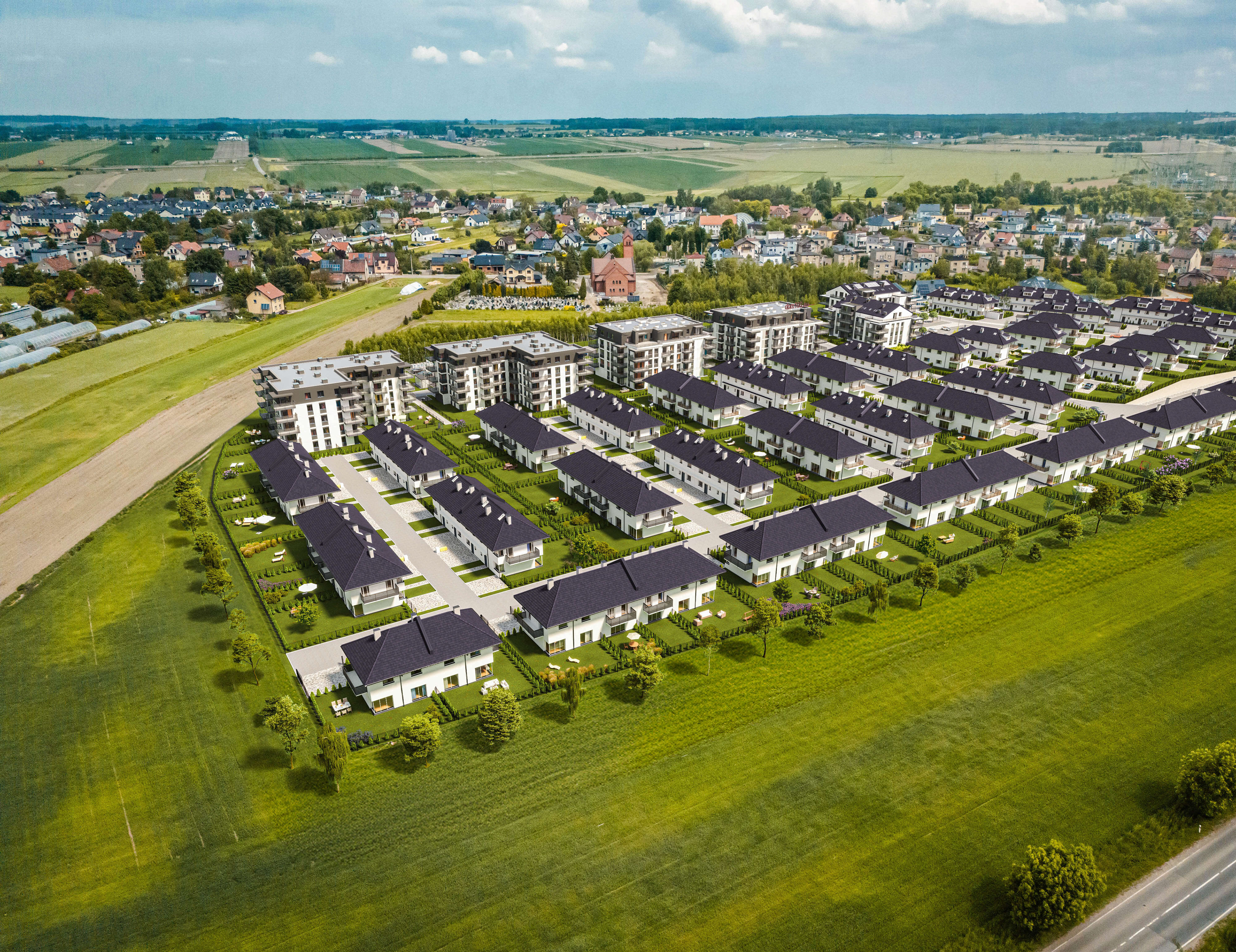 Widok z lotu ptaka na Osiedle Grzybowice w Zabrzu – fotorealistyczna wizualizacja deweloperska dla Dom100