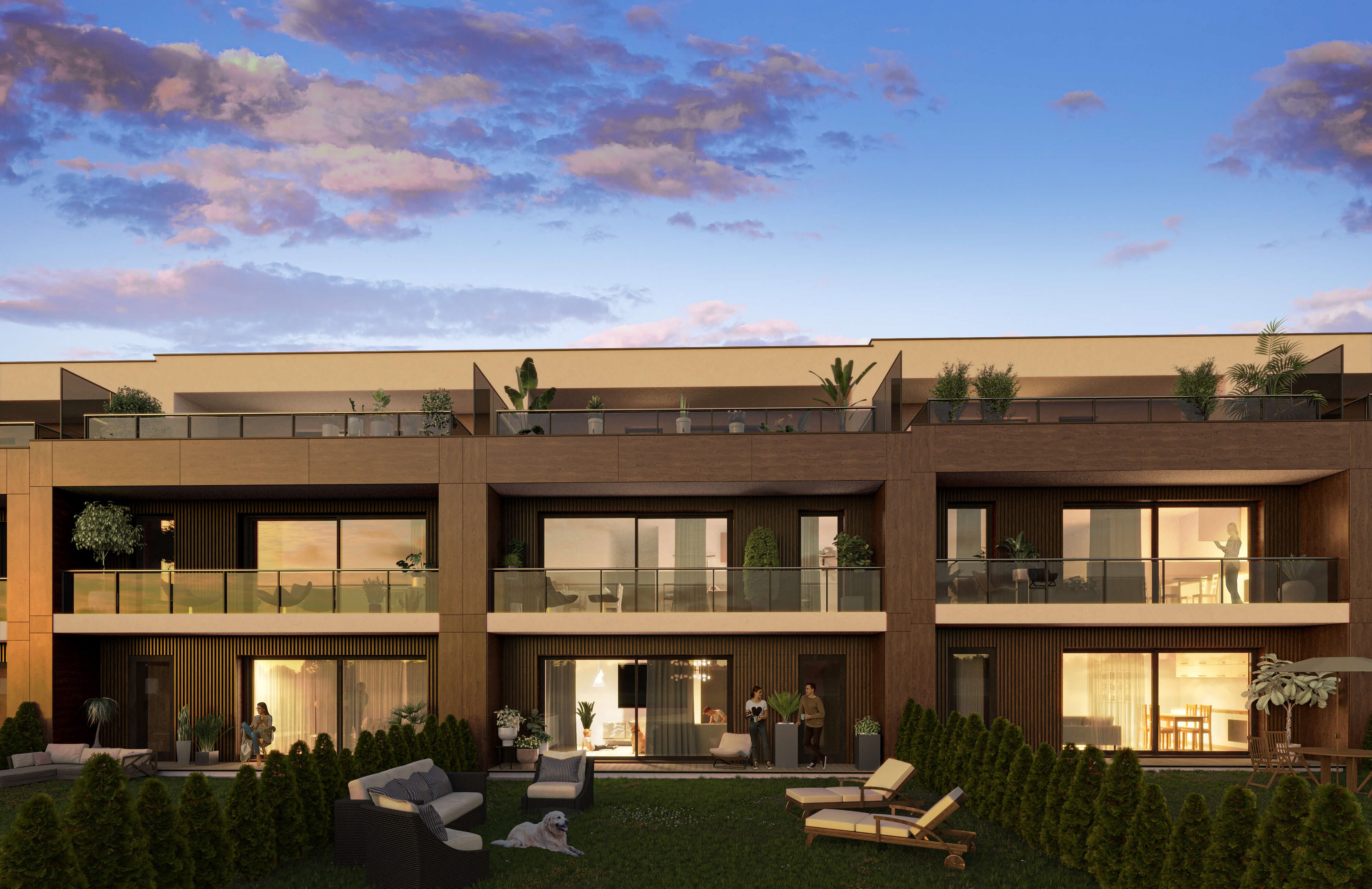 Wizualizacja 3D dla Osiedle Dębowe Zacisze Gliwice, nowoczesne apartamenty z tarasami i ogrodami, Nexx Developer - ujęcie wieczorne