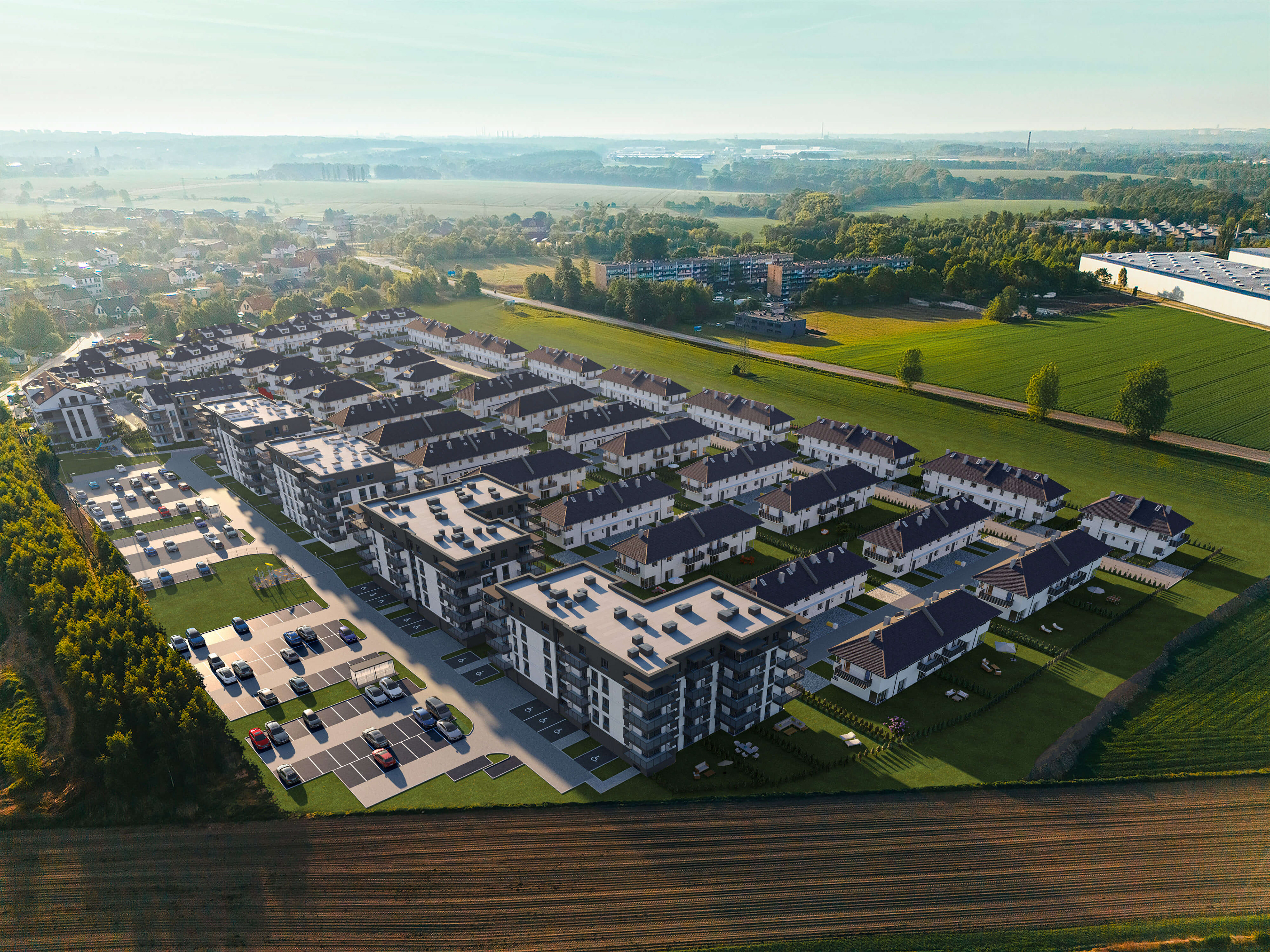 Osiedle Grzybowice w Zabrzu – fotorealistyczna wizualizacja deweloperska dla Dom100 - lot ptaka