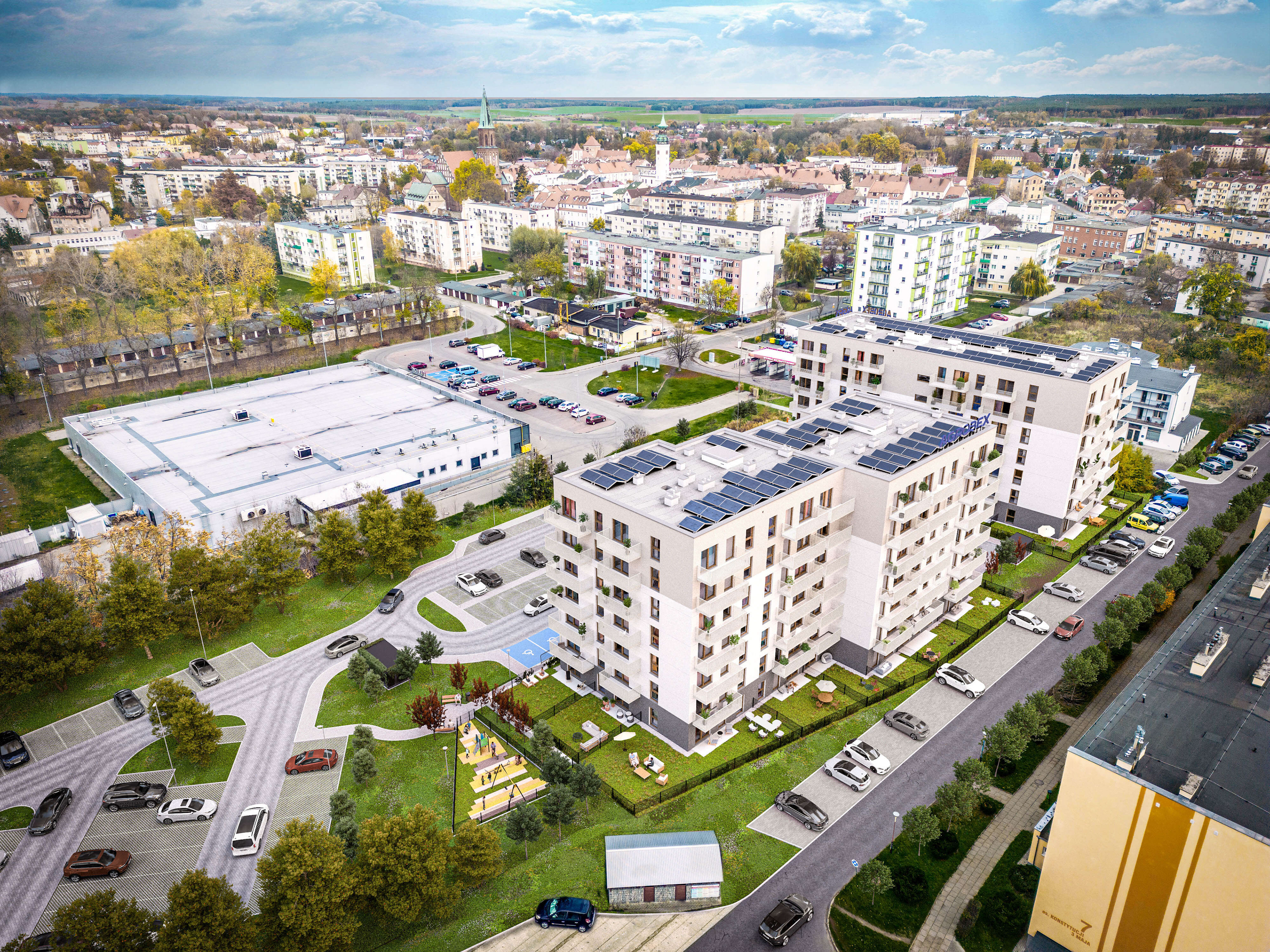 Osiedle Tkacka, Sulechów, wizualizacja architektoniczna dla Agrobex - kadr z lotu ptaka