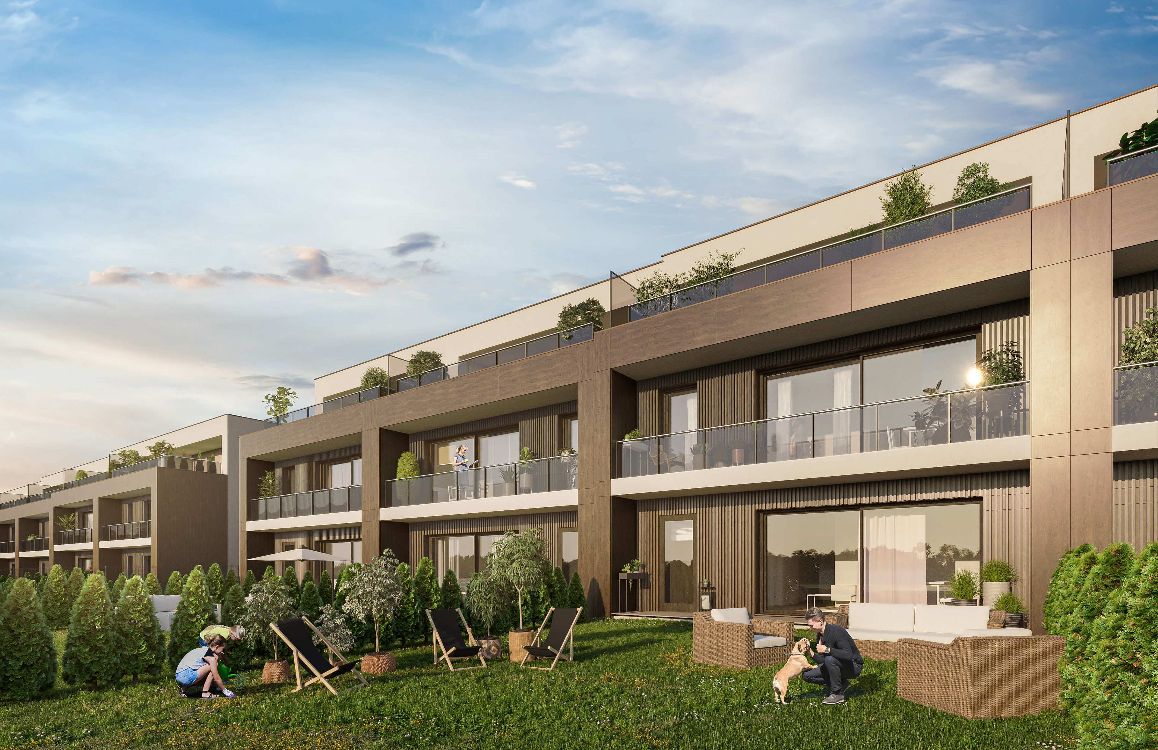 Wizualizacja dla Osiedle Dębowe Zacisze Gliwice, nowoczesne apartamenty z tarasami i ogrodami, Nexx Developer - ujęcie od strony ogrodu