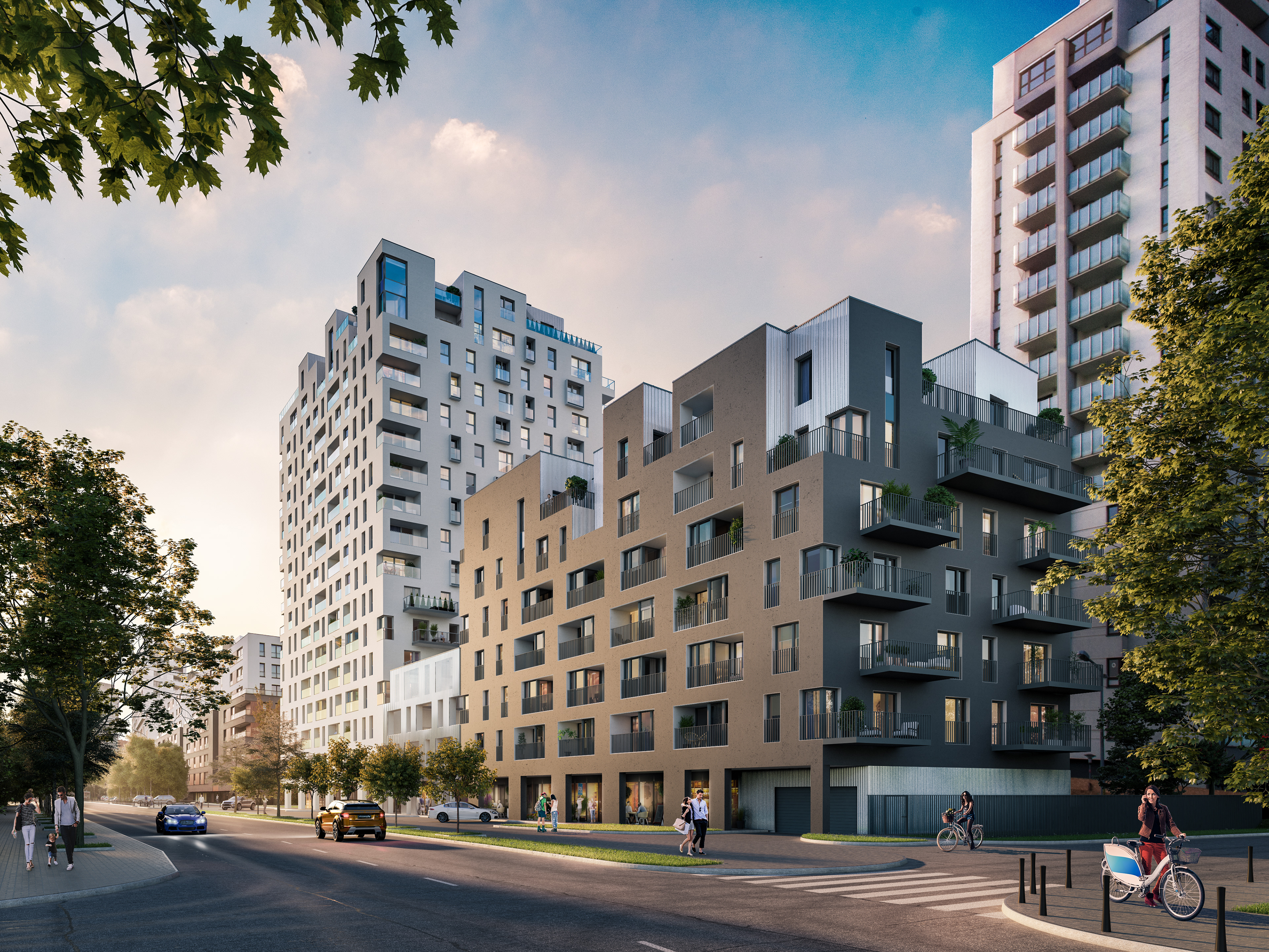 Siedmiogrodzka apartamenty Warszawa Wola – wizualizacja bryły budynku od strony ulicy w klimacie zmierzchu, wykonana dla Marvipol Development
