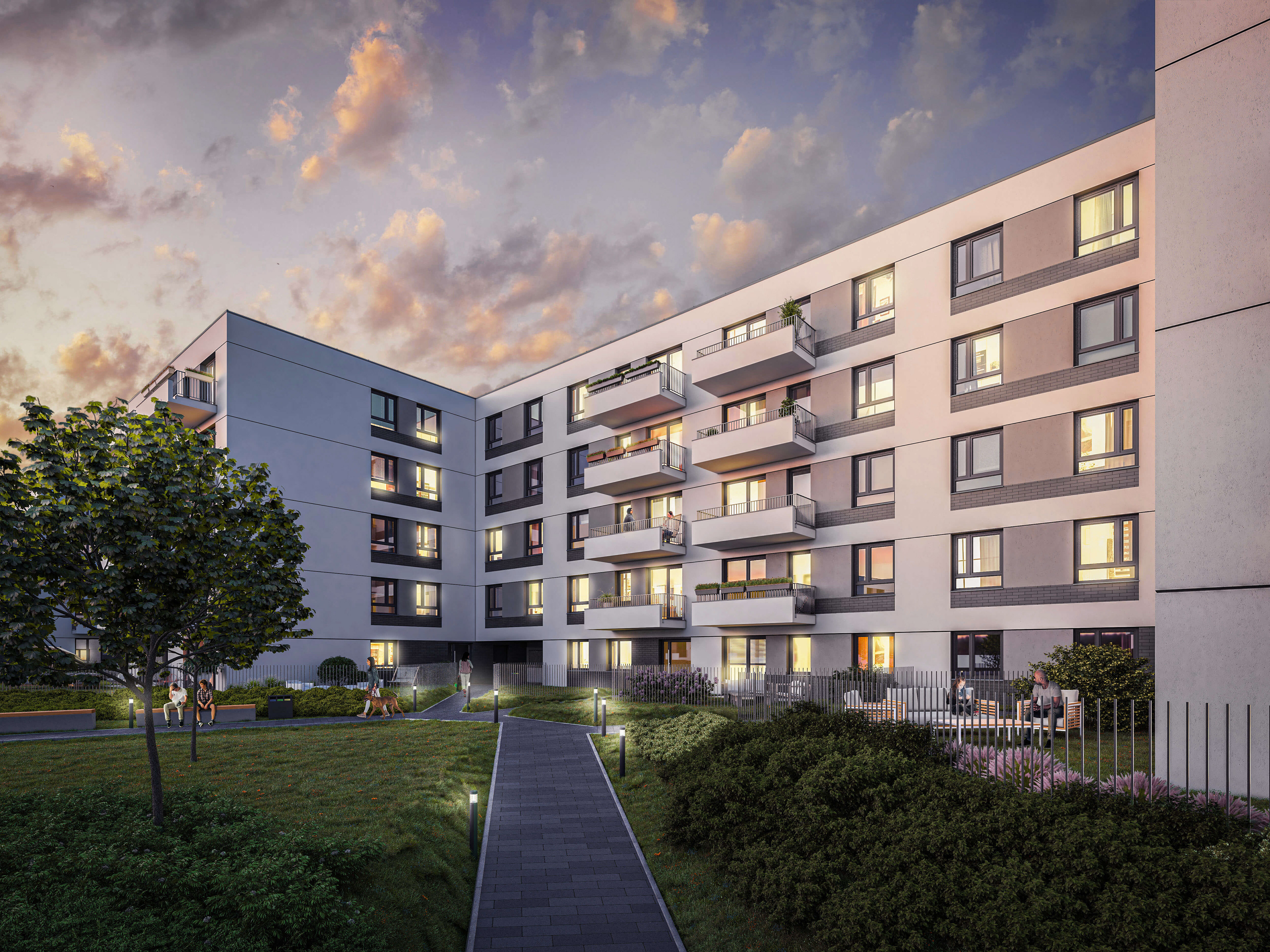 wizualizacja 3D budynku mieszkalnego, realizacja Unidevelopment S.A., ujęcie o zmierzchu