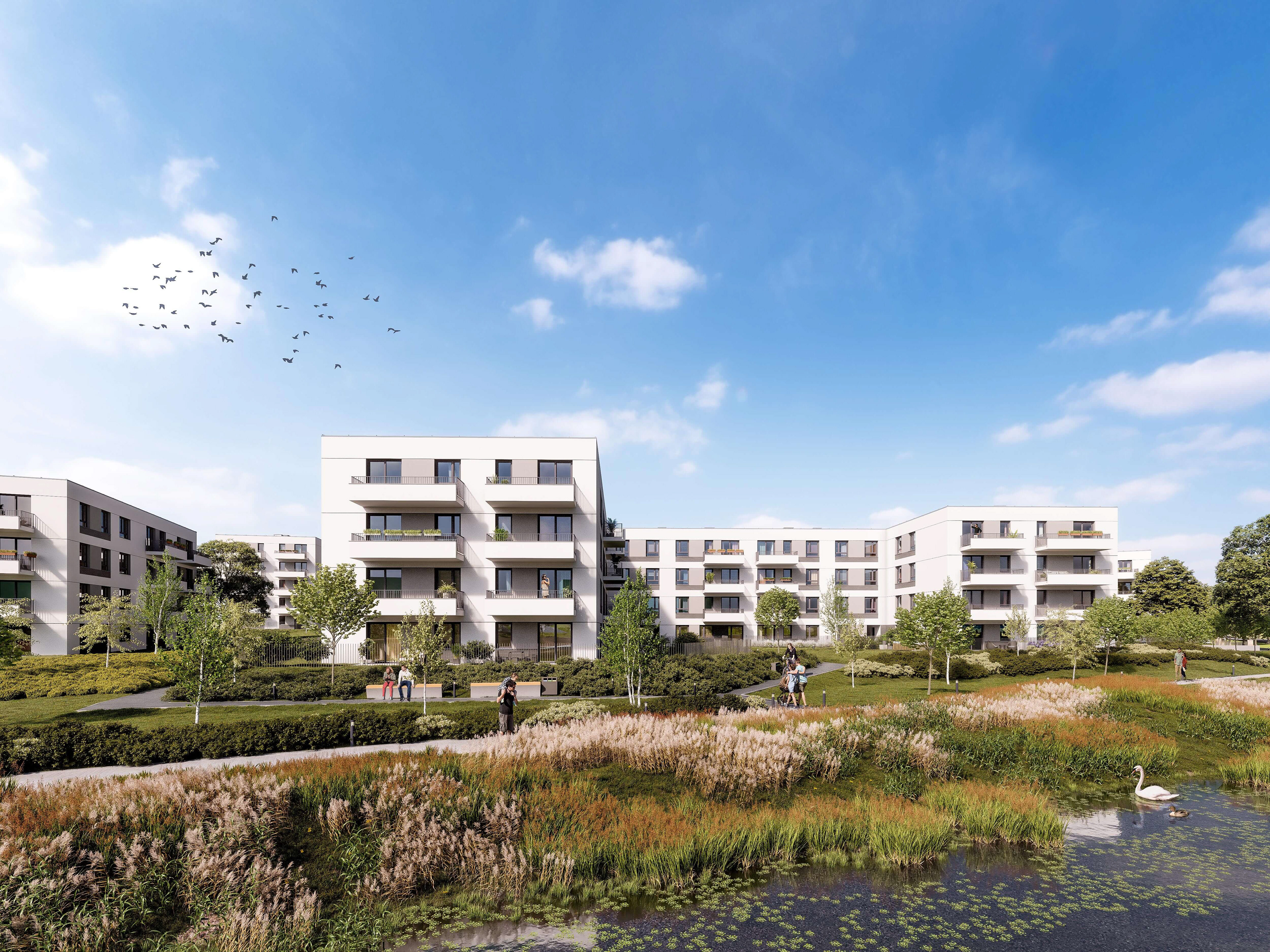 Osiedle Idea Omega Radom – wizualizacja architektury budynków wielorodzinnych dewelopera Unidevelopment S.A. Widok osiedla z terenami zielonymi i stawem