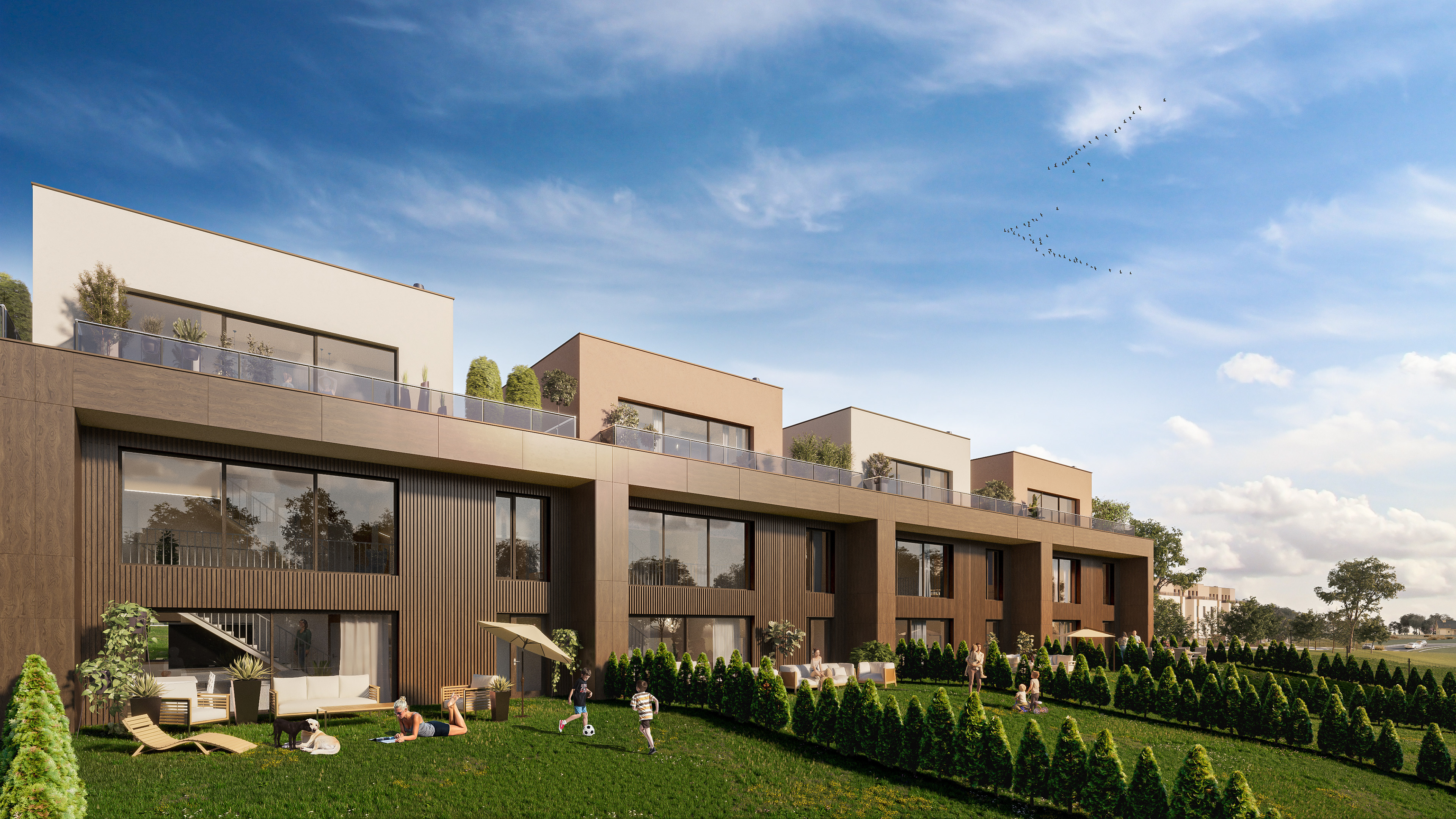 Wizualizacja Osiedle Dębowe Zacisze Gliwice, nowoczesne apartamenty z tarasami i ogrodami, Archviz Nexx Developer