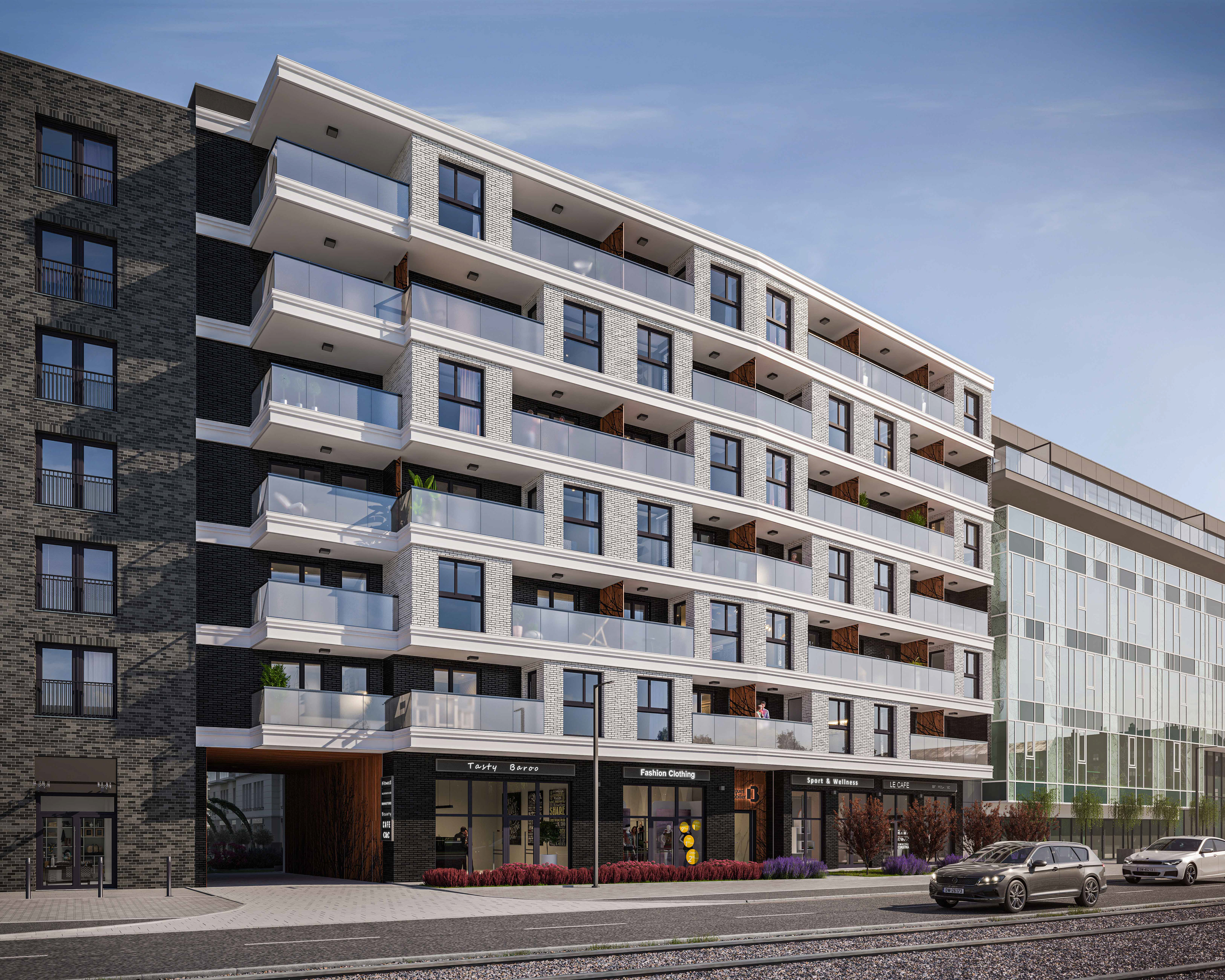 Widok z ulicy na apartamentowiec Sienkiewicza Residence Wrocław - wizualizacja architektury dla dewelopera Bouygues Immobilier Polska Sp. z o.o.