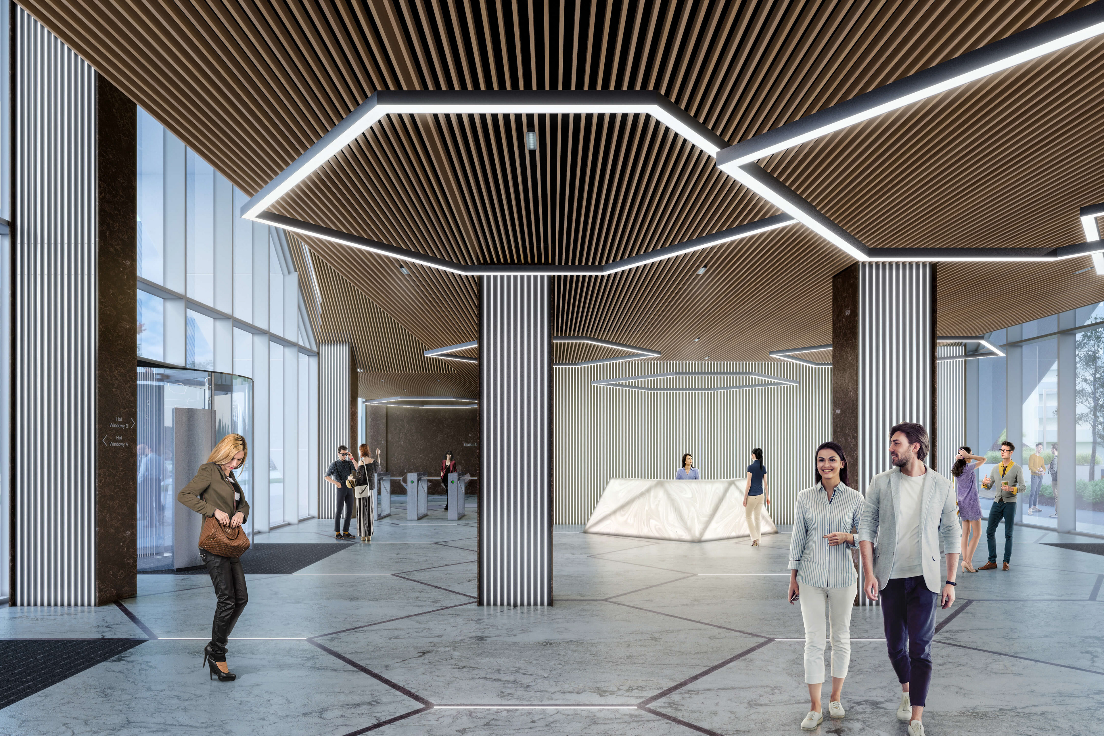 Wizualizacja wnętrza biurowca przy ul. Kaczorowskiego w Białymstoku – projekt architektoniczny Marciej Kuryłowicz Architekci