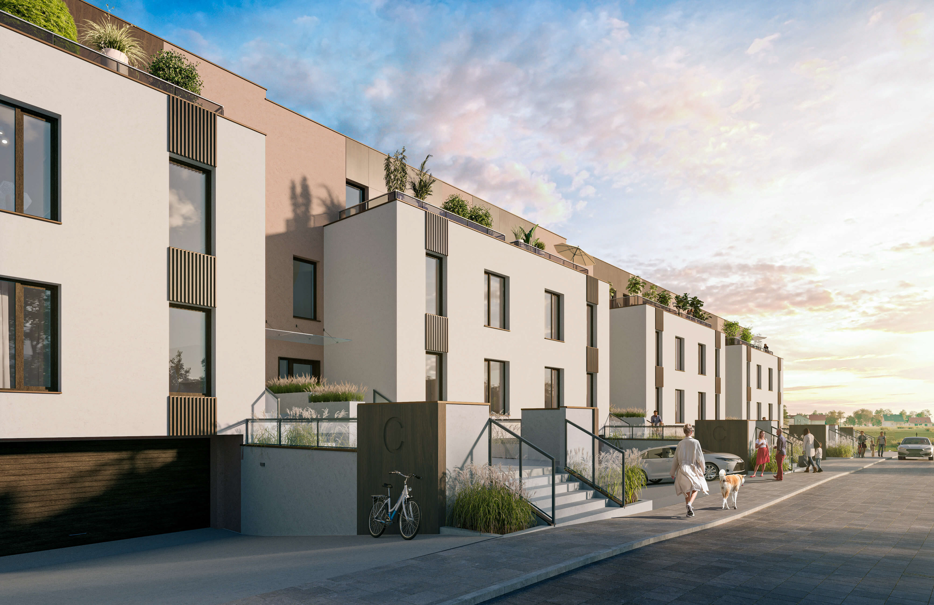 Osiedle Dębowe Zacisze Gliwice, nowoczesne apartamenty z tarasami i ogrodami, wizualizacja 3D dla Nexx Developer - ujęcie o zmierzchu