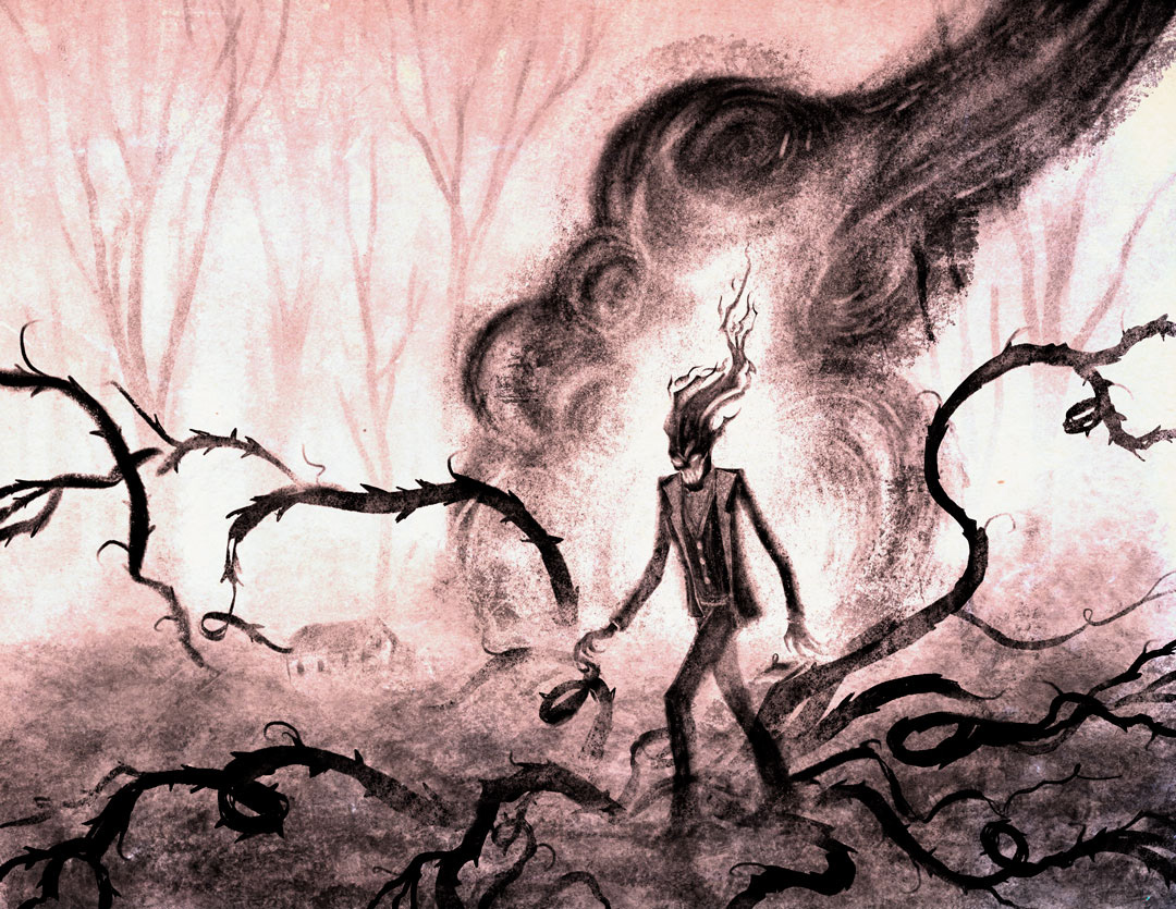 Horror Illustration of figure walking through chaos