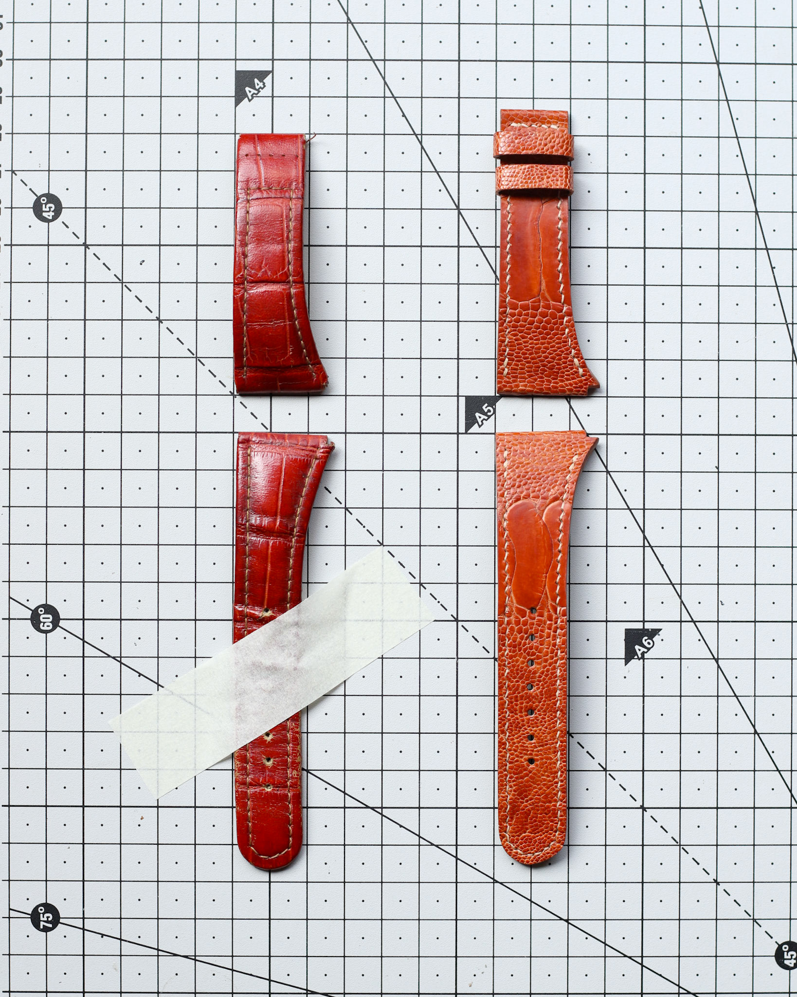 comparison of a well-aged leather watch strap with patina and a fresh handmade strap