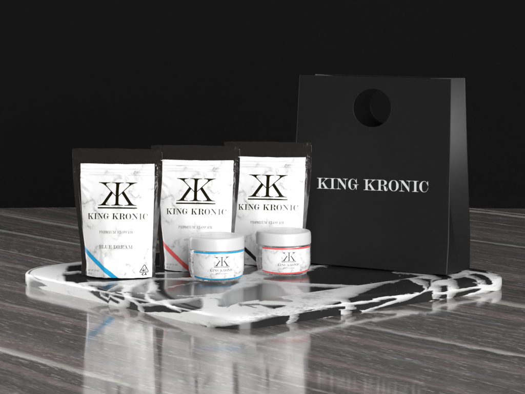 Mockup of cannabis flower product line including packaging design for 3.5g and 28g containers.