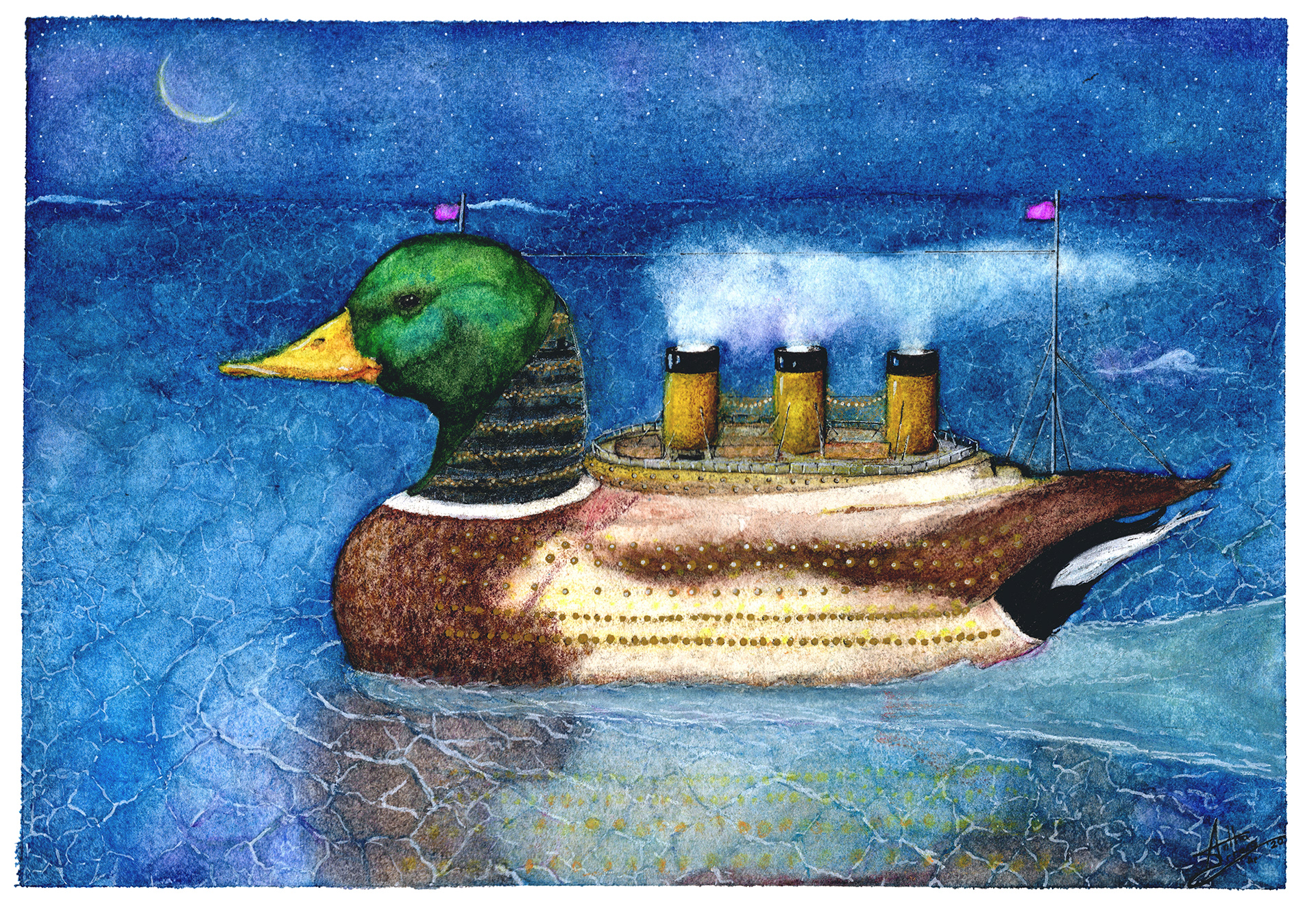 Abstract painting, a duck pictured like a steamer.