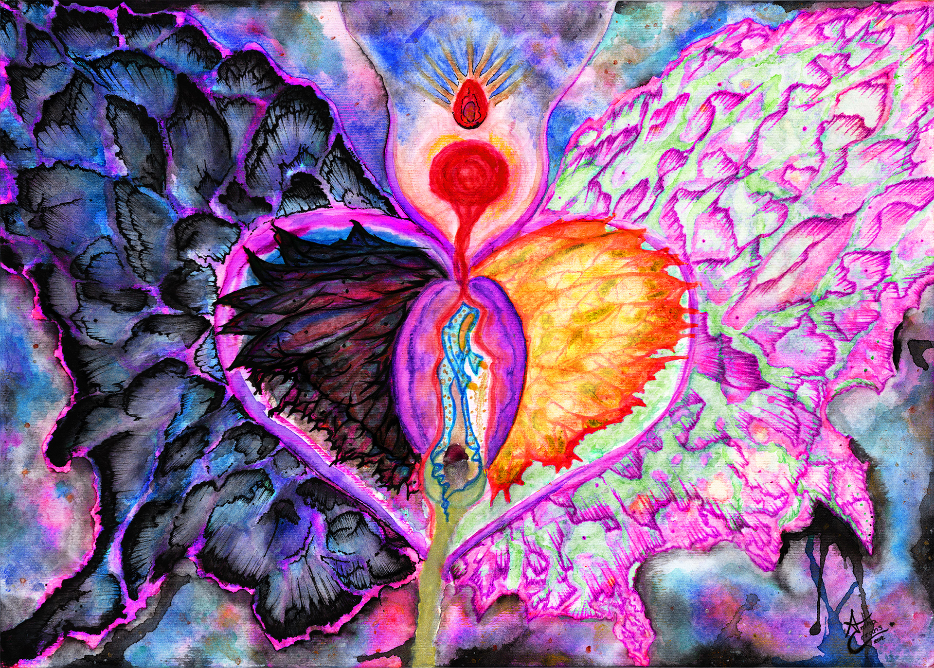 Surrealist butterfly like heart-vulva spreading its wings.