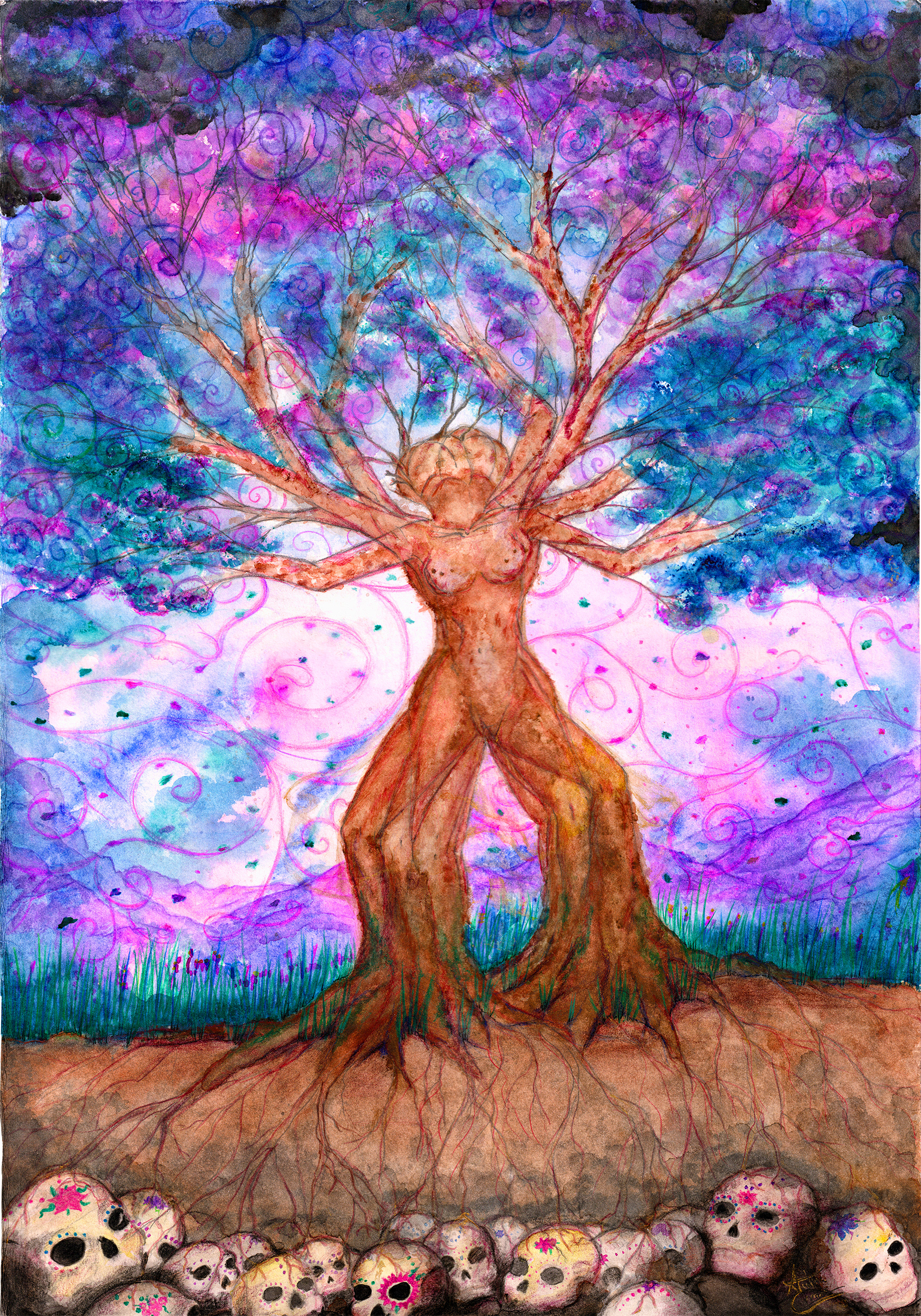 A three shaped like a woman, dancing, sweing with the breeze and her roots freaching down to her ancestors skulls, from whom recive nurishment.