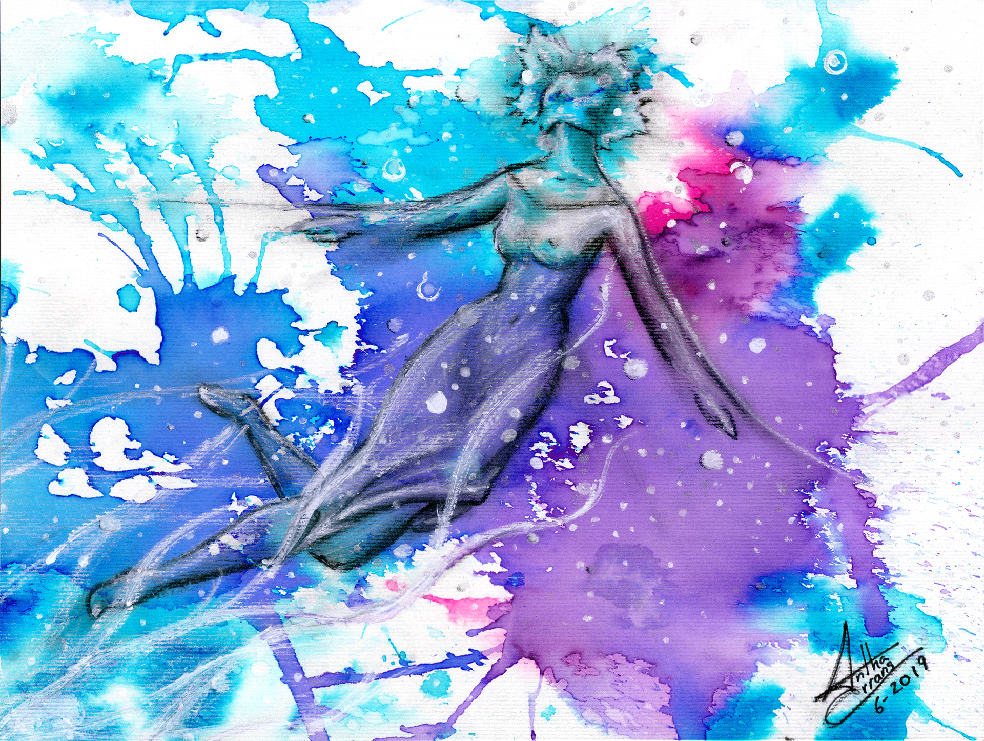 watercolour and charcoal of a woman fighting to survive.