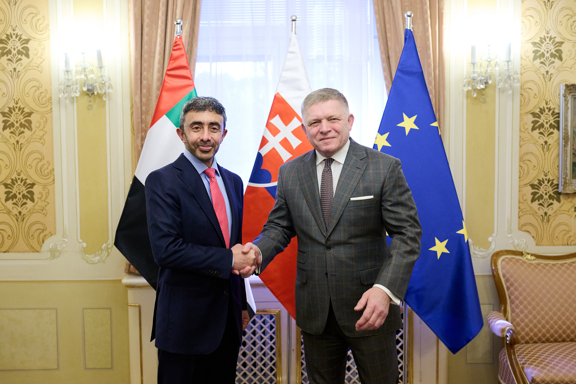 Robert Fico, Prime Minister of Slovakia, during a photo opportunity with a diplomatic guest at the Government Office of the Slovak Republic in Bratislava.