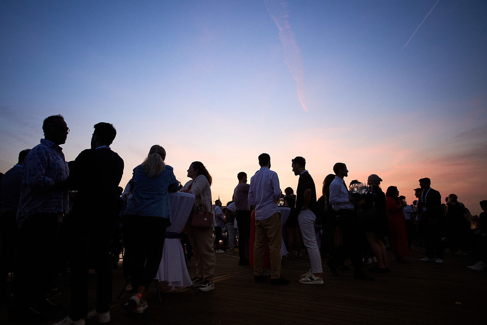 Sunset at the event reception on a ship in Budapest.