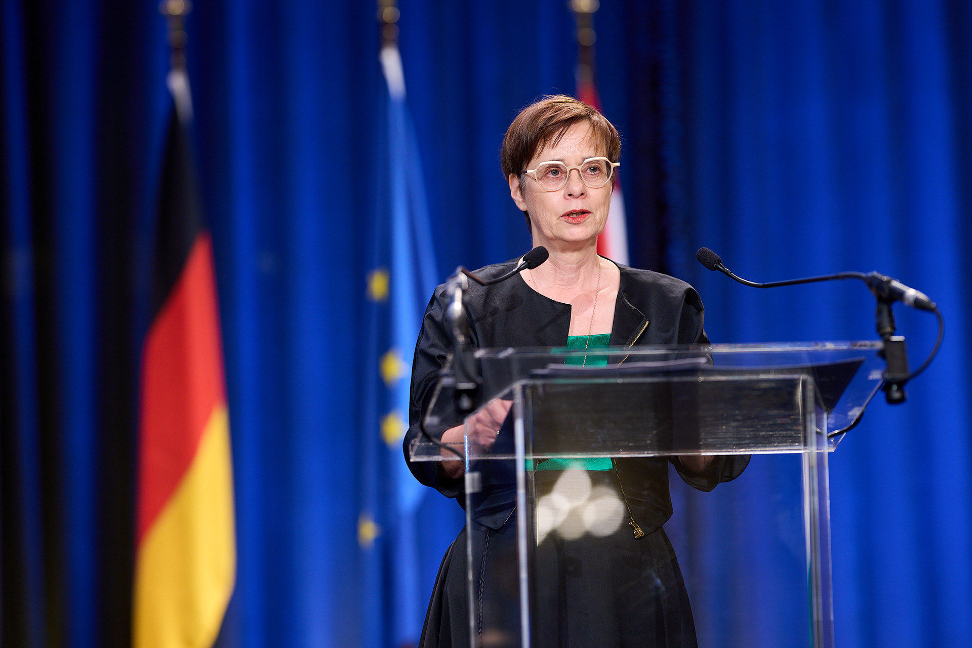 The German Ambassador is delivering a speech to a distinguished audience.