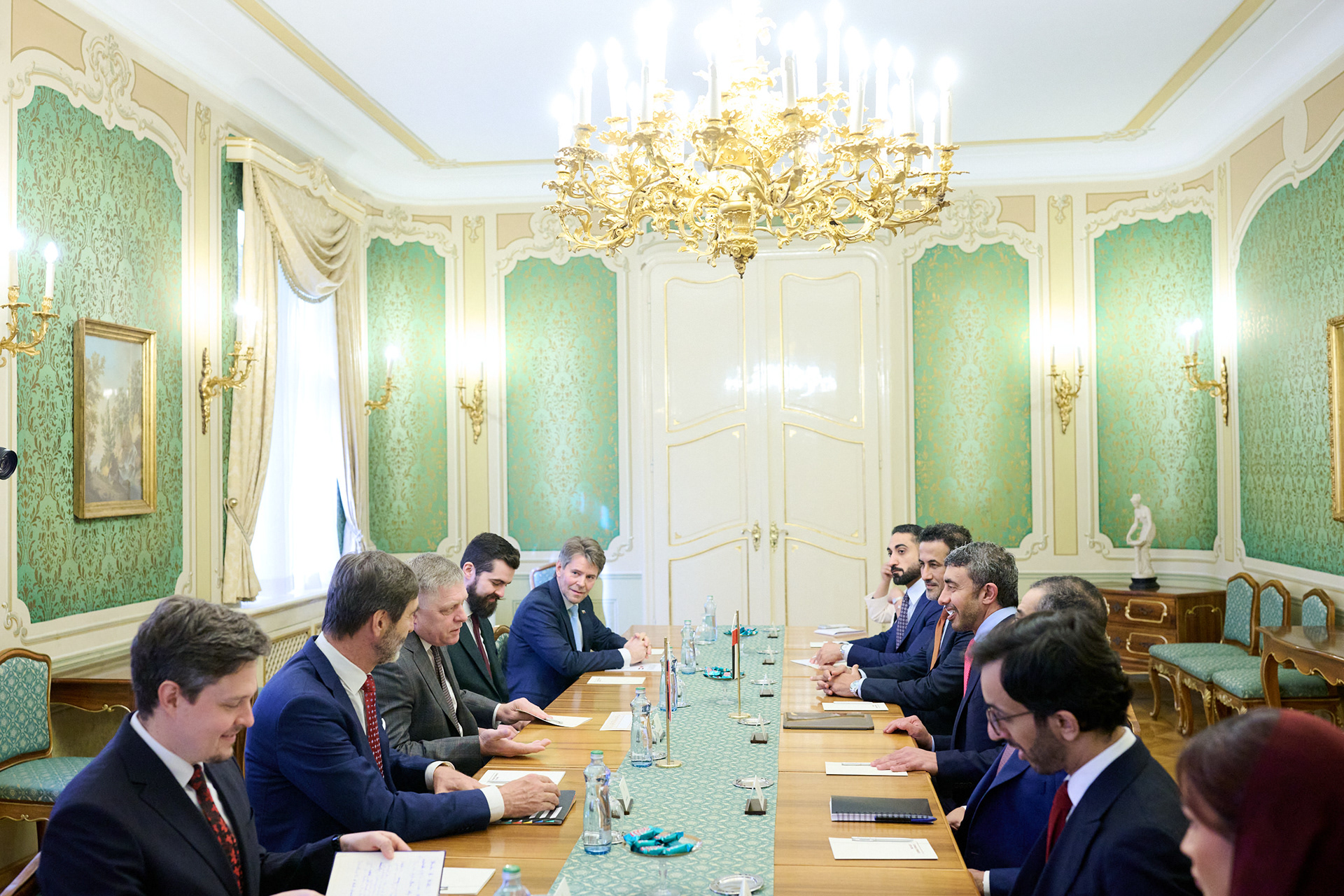Robert Fico, Prime Minister of Slovakia, holds talks with a diplomatic delegation during an official meeting at the Government Office of the Slovak Republic in Bratislava.