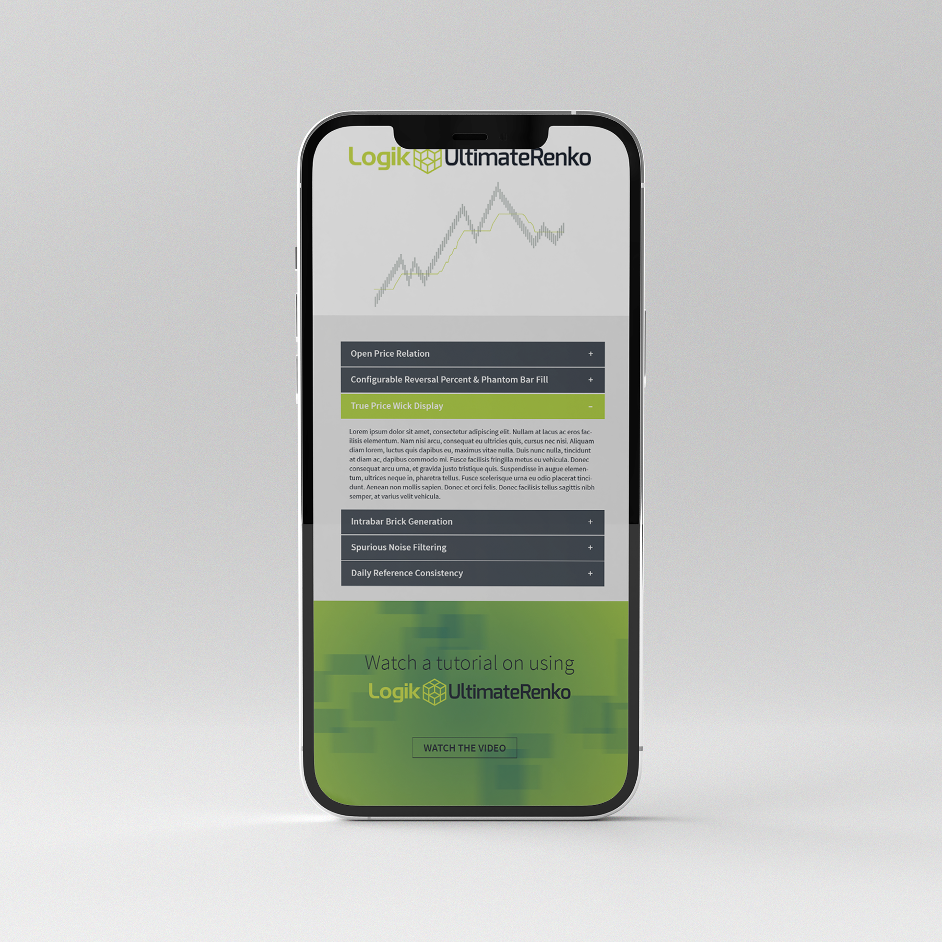 Smart phone view of product specifications section for website