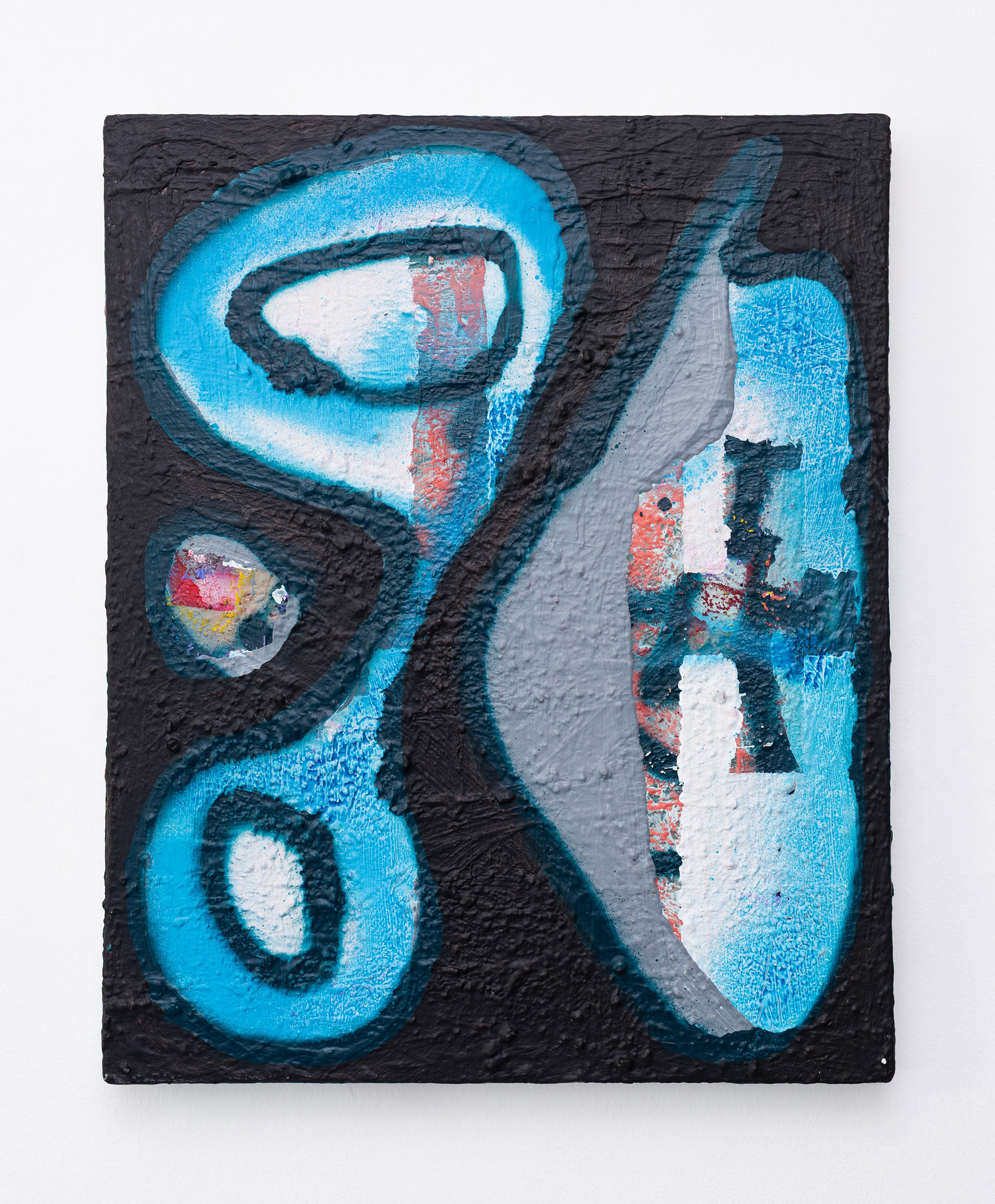 October 2019 to July 2024 - (2019-2024) - various paint, ink and broken plastic on polycotton - 59 x 49 cm