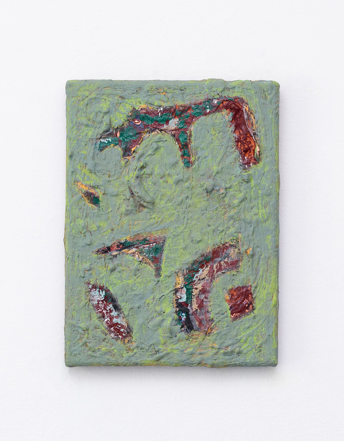 April 2021 to July 2024 - (2021-2024) - various paint, chalk and broken plastic on denim - 17 x 13 cm