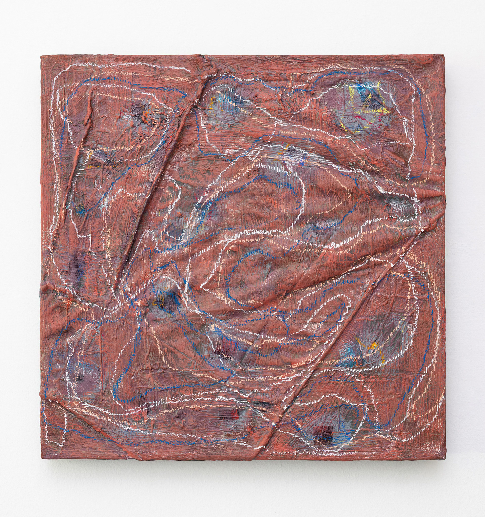 September 2018 to July 2024 - (2018 - 2024) - various paint, chalk and fabric collage on polycotton - 51 x 51 cm