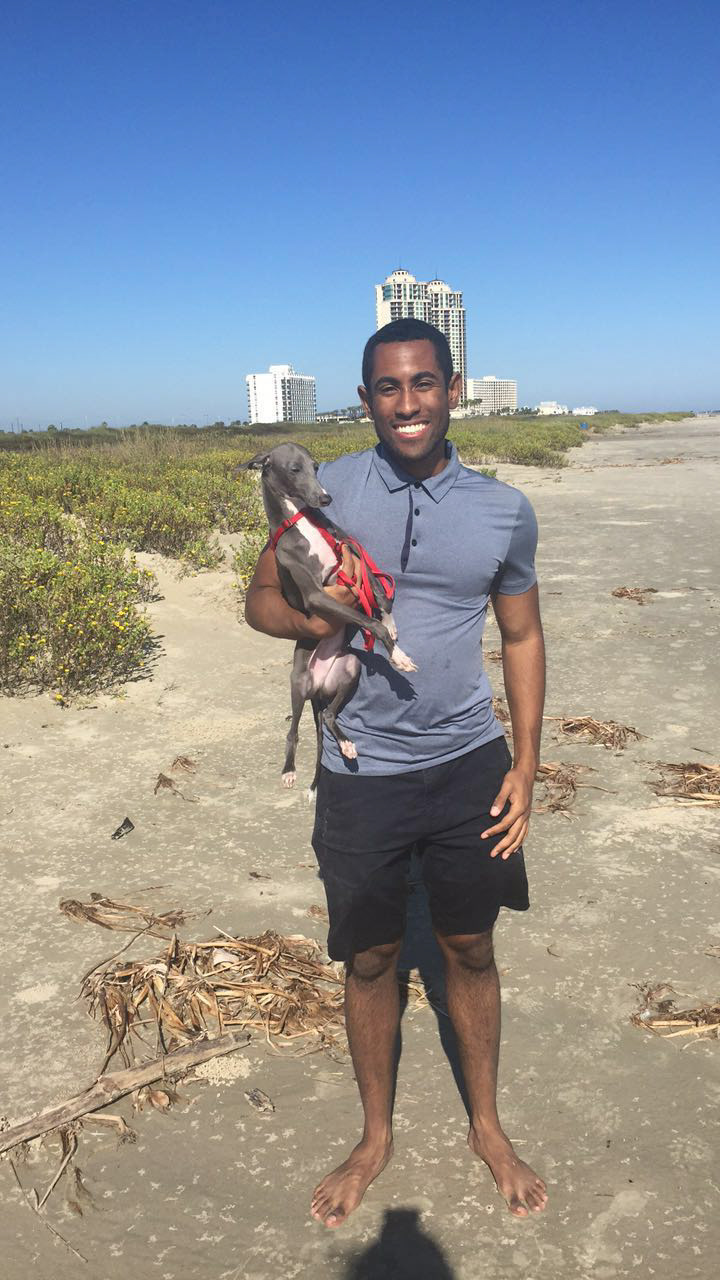 Me at Galveston Beach with my Italian Greyhound, Leo.
