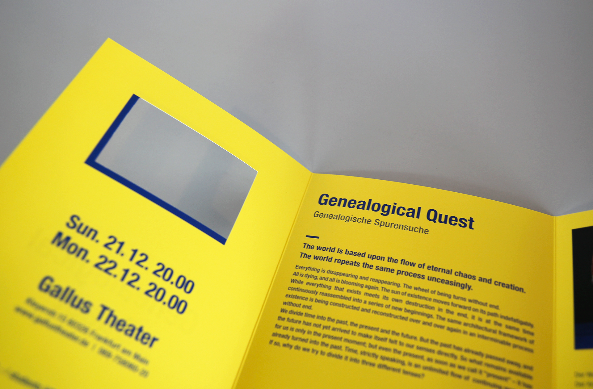 a leaflet of Genealogical Quest edited in multilingual typography with outstanding die-cut printing | 다이컷 후가공이 돋보이는 영어와 독일어로 편집된 계보학적 탐구의 리플렛 