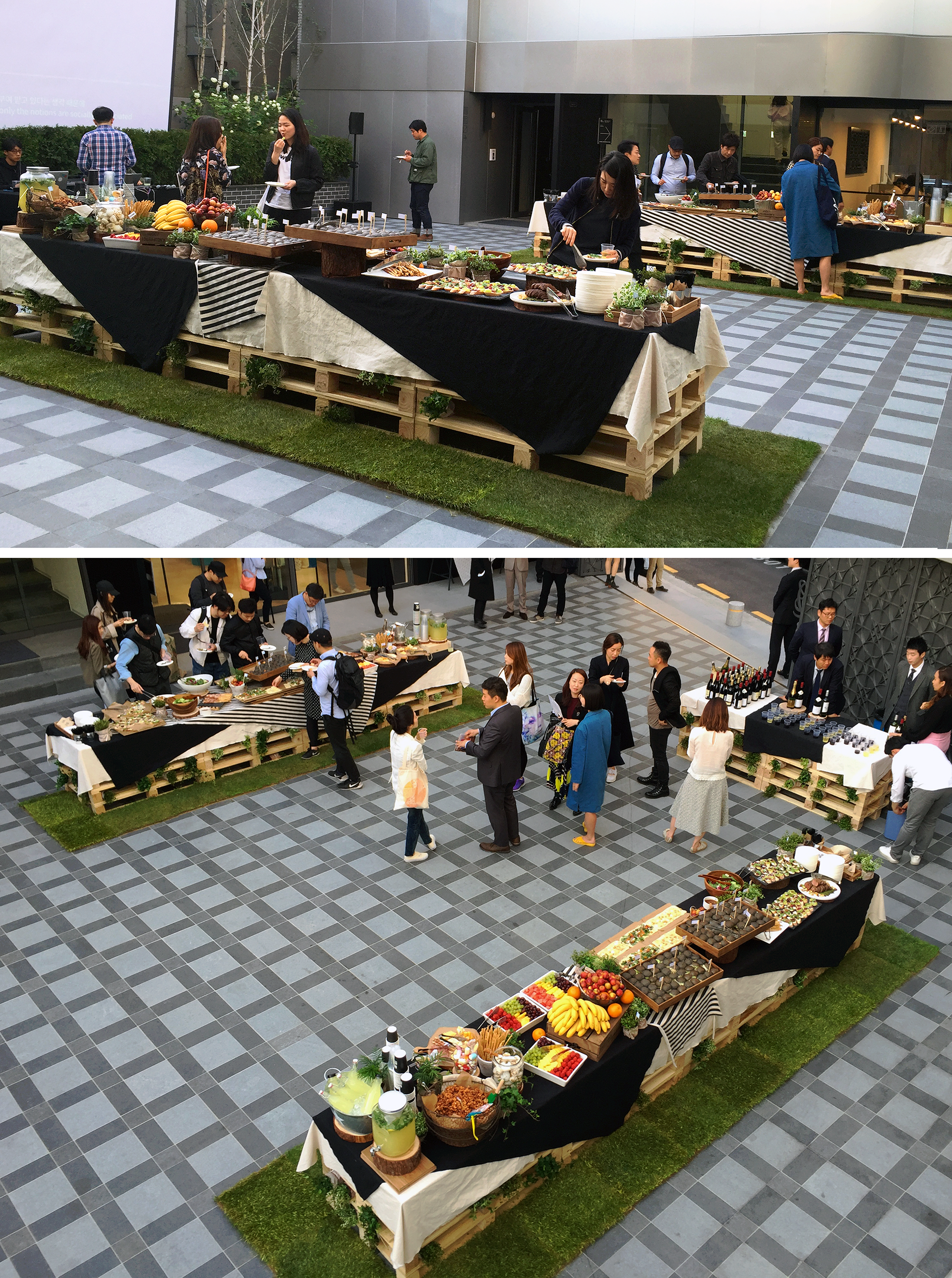 B&S catering service decorated with wood pallets and large quantities of plants | 우드팔레트와 많은 양의 플랜트로 장식된 브레드앤서플라이 케이터링 서비스