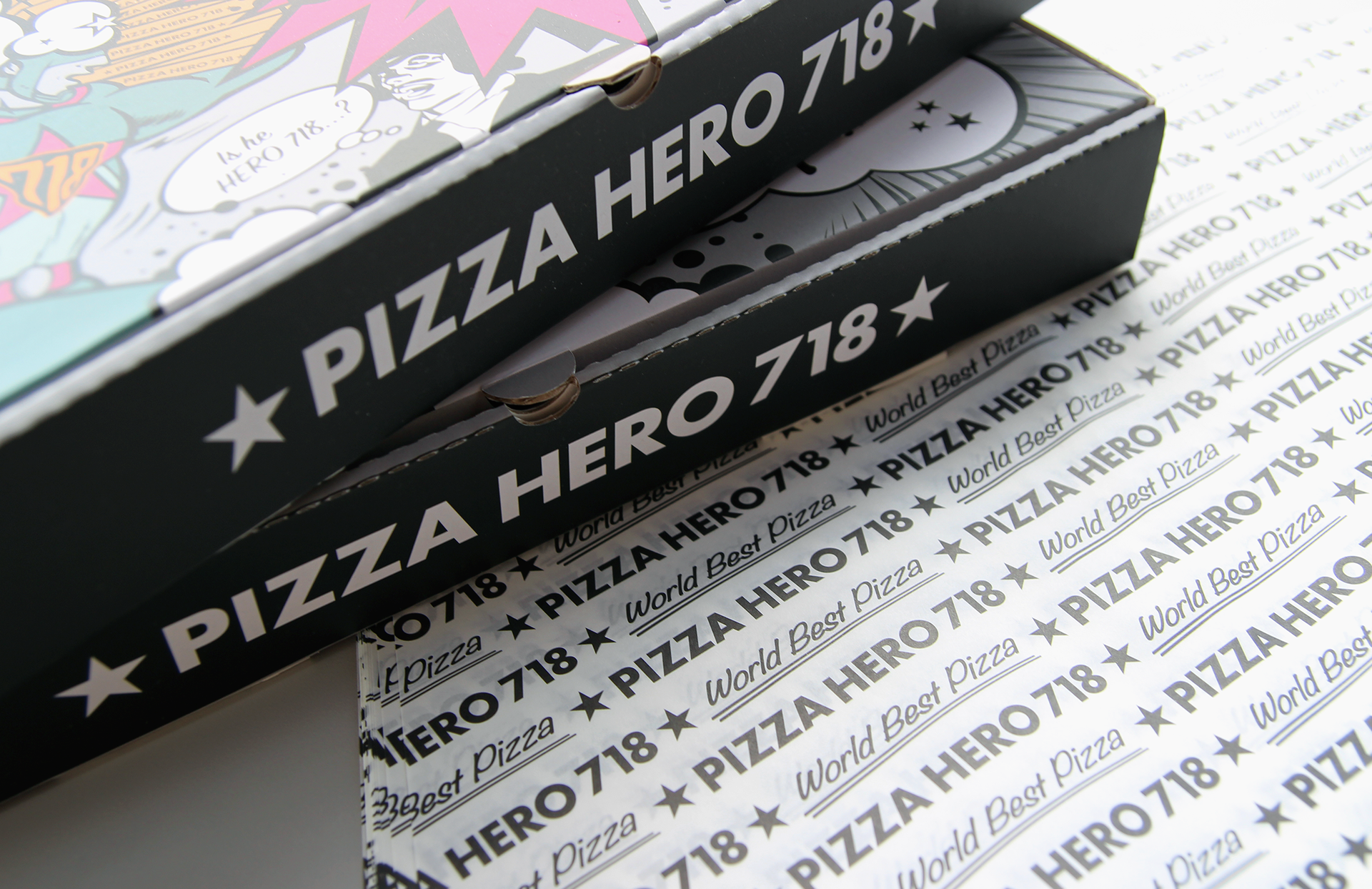 box package retro design of the premium American pizza brand | 피자 히어로 718의 박스 패키지 레트로 디자인