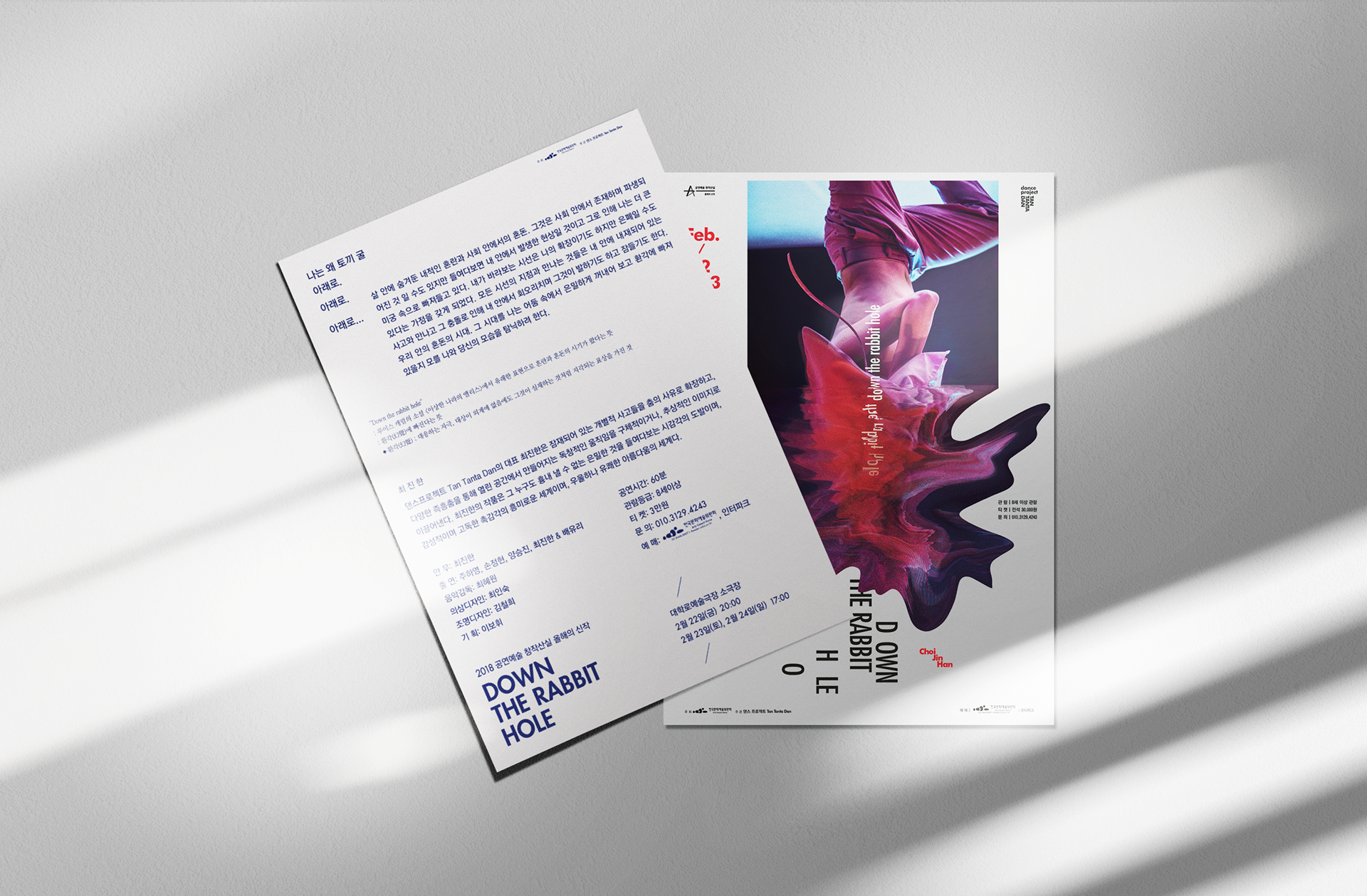 A5 size postcard flyer of dance festival |  댄스공연 다운 더 래빗 홀의 A5 홍보 엽서 