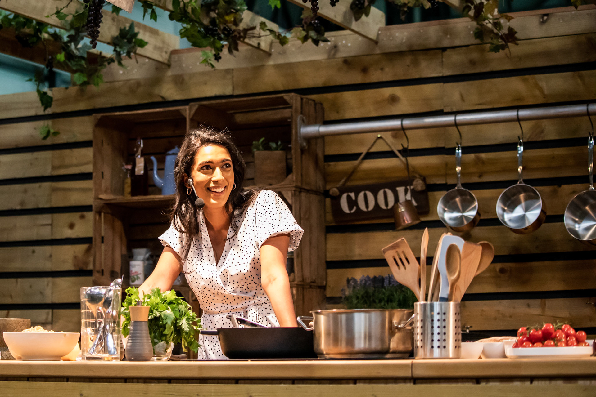 Great British Bake Off's Crystelle Periera cooks Cacio e Pepe live on the Italian Kitchen stage at the BBC Good Food Show Summer, hosted by Chris Bavin, 16th June 2022