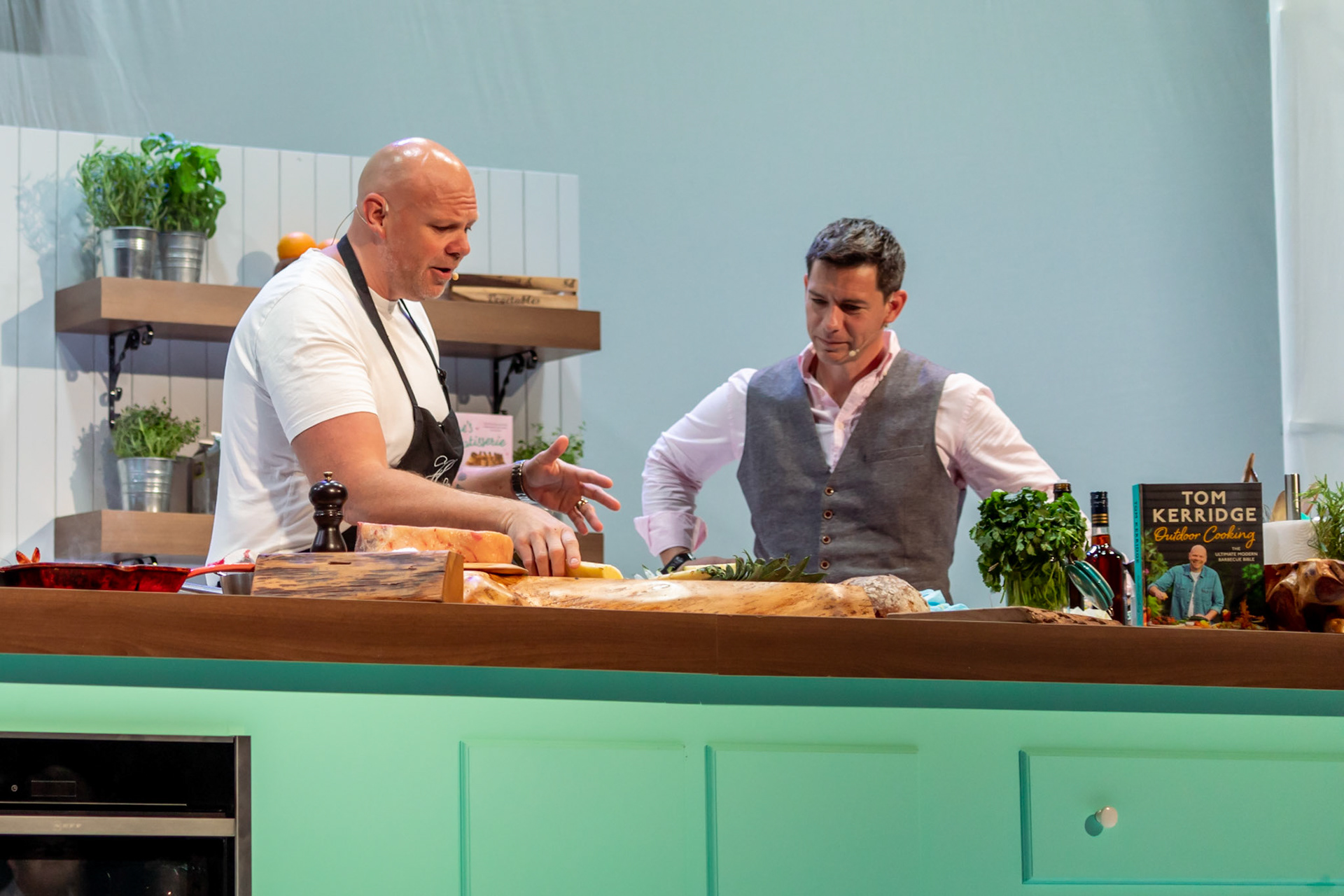 Tom Kerridge cooks T-bone steak with black pepper butter live in the Big Kitchen at BBC Good Food Show Summer, hosted by Marcus Bean, 16th June 2022