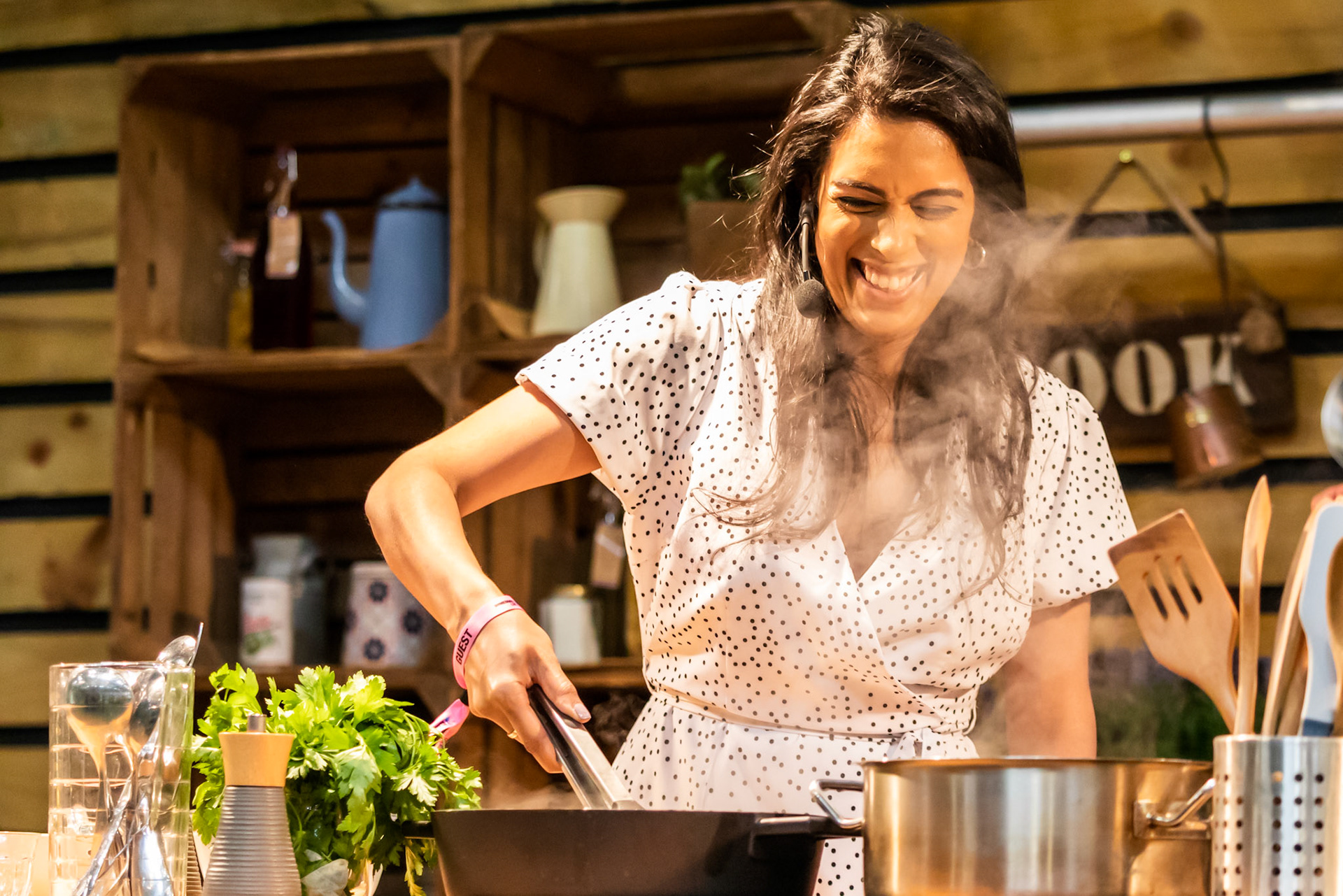 Great British Bake Off's Crystelle Periera cooks Cacio e Pepe live on the Italian Kitchen stage at the BBC Good Food Show Summer, hosted by Chris Bavin, 16th June 2022