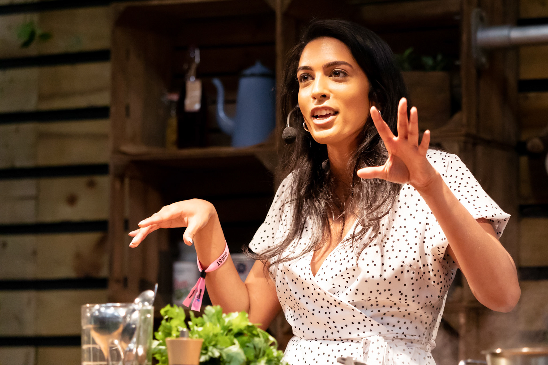 Great British Bake Off's Crystelle Periera cooks Cacio e Pepe live on the Italian Kitchen stage at the BBC Good Food Show Summer, hosted by Chris Bavin, 16th June 2022