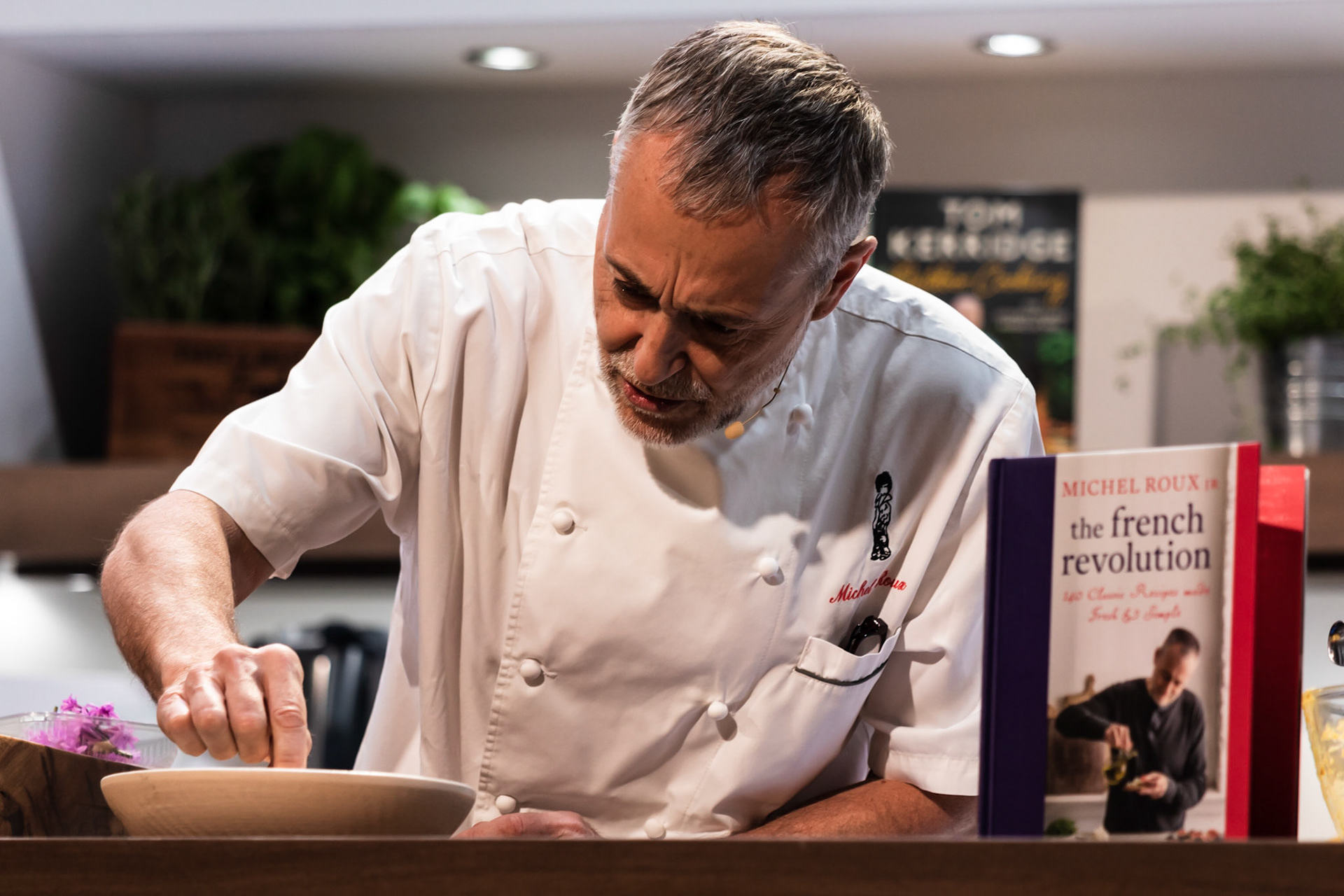 Michel Roux Junior cooks chilled white almond & garlic soup in the Big Kitchen hosted by Marcus Bean live at the BBC Good Food Show Summer, 16th June 2022