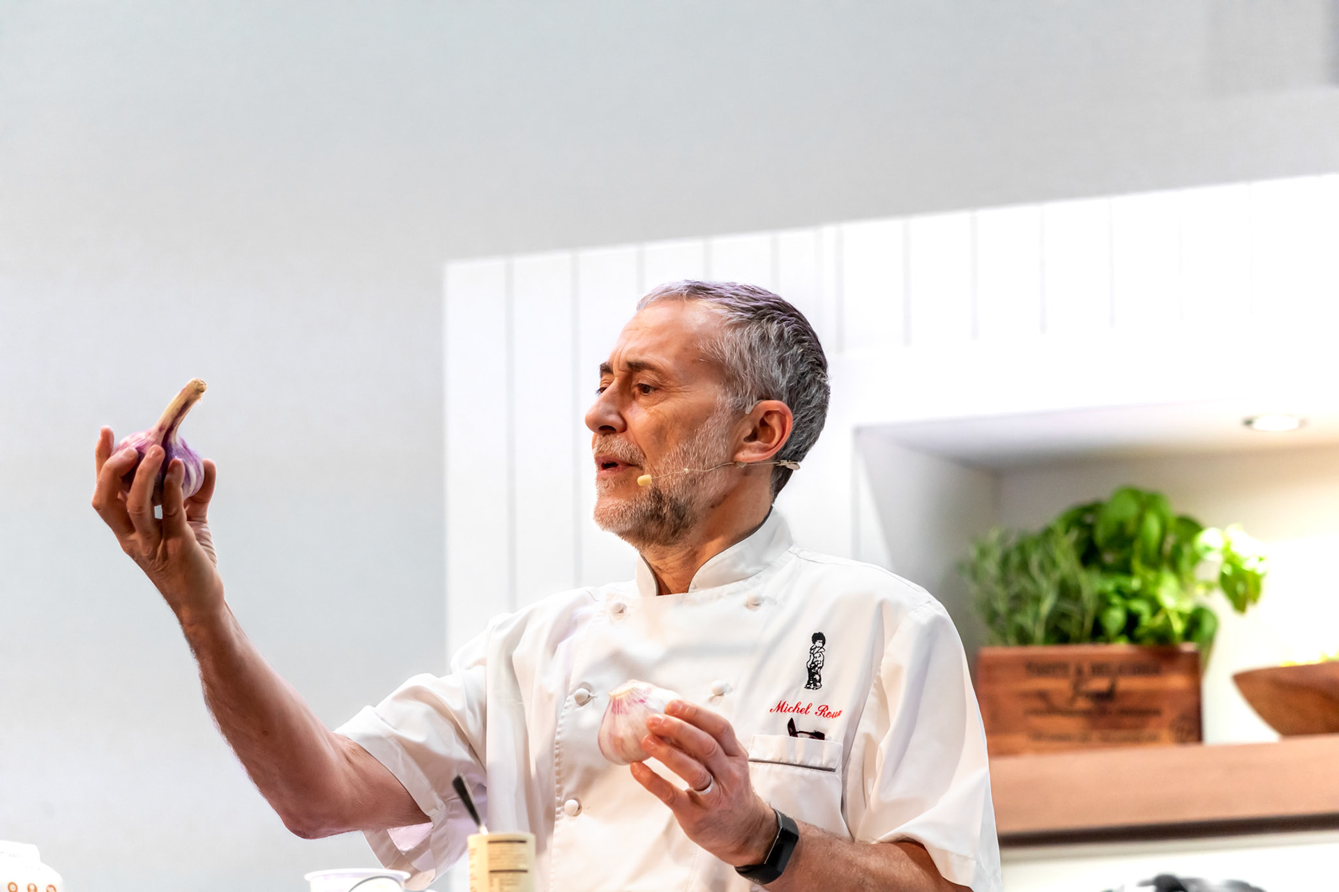 Michel Roux Junior cooks chilled white almond & garlic soup in the Big Kitchen hosted by Marcus Bean live at the BBC Good Food Show Summer, 16th June 2022
